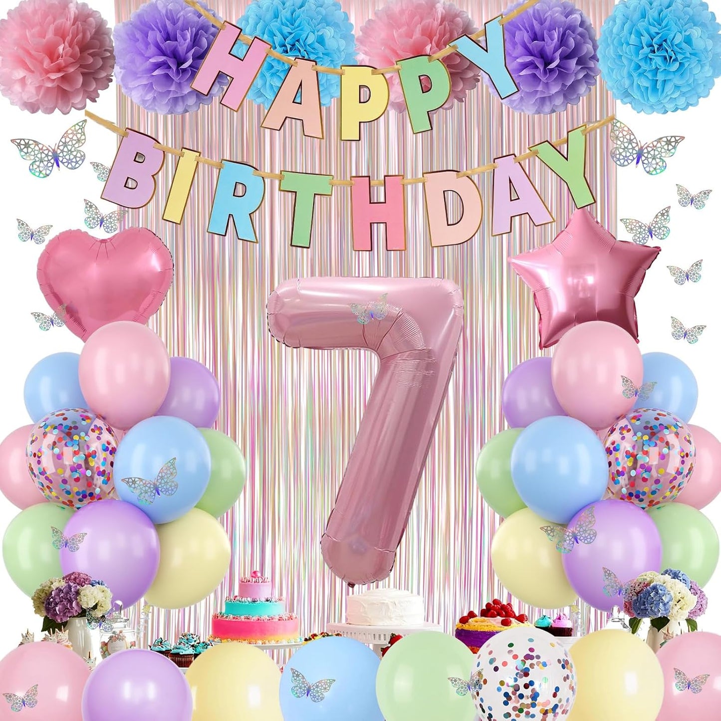 Pastel 7th Birthday Party Decorations for Girls Number 7 Balloon Happy Birthday Banner Butterfly Stickers Fringe Curtain Paper Pom Poms Macaron Pink Star Heart Foil Colorful Balloons 7 Year Old Decor