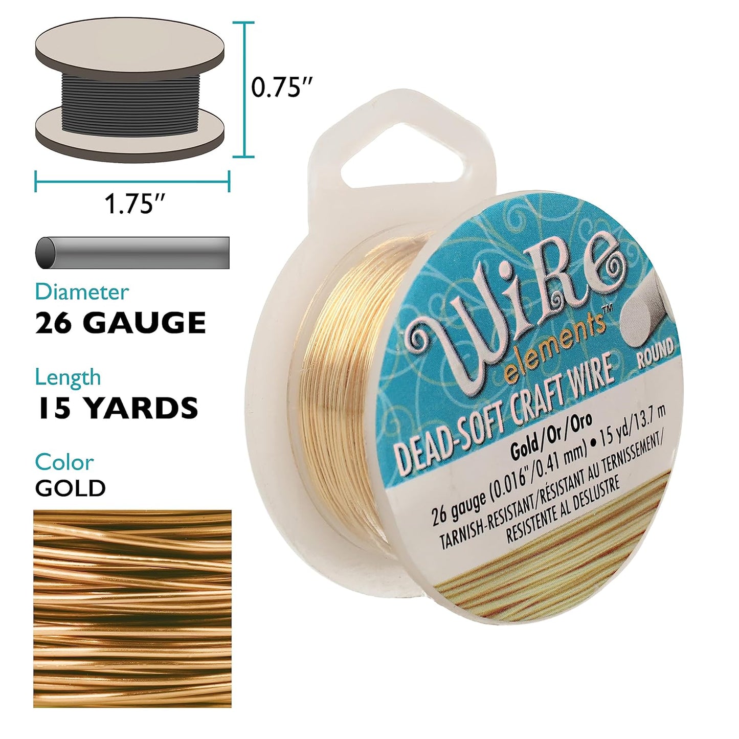 The Beadsmith Wire Elements Craft Wire – Tarnish Resistant, Soft Temper, Round, Gold Color – 0.41mm, 26 Gauge, 15 Yard Spool – Jewelry Making, Wire Wrapping, Floral, & Other DIY Crafts