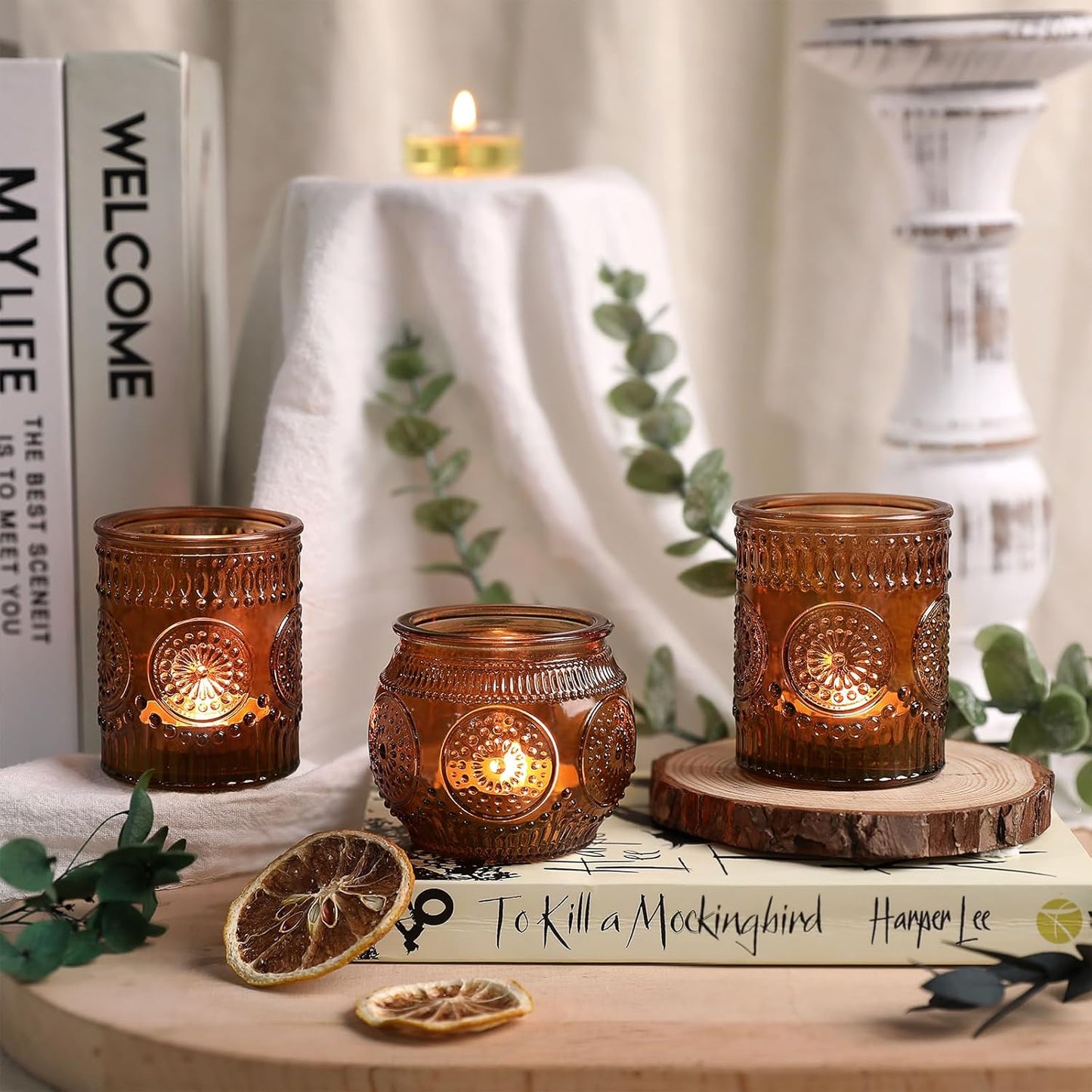 DARJEN 24Pcs Amber Votive Candle Holders - Vintage Glass Candle Holder, Candle Holders Bulk for Wedding & Home Decoration, Tea Lights Candle Holders for Festival Party Gift