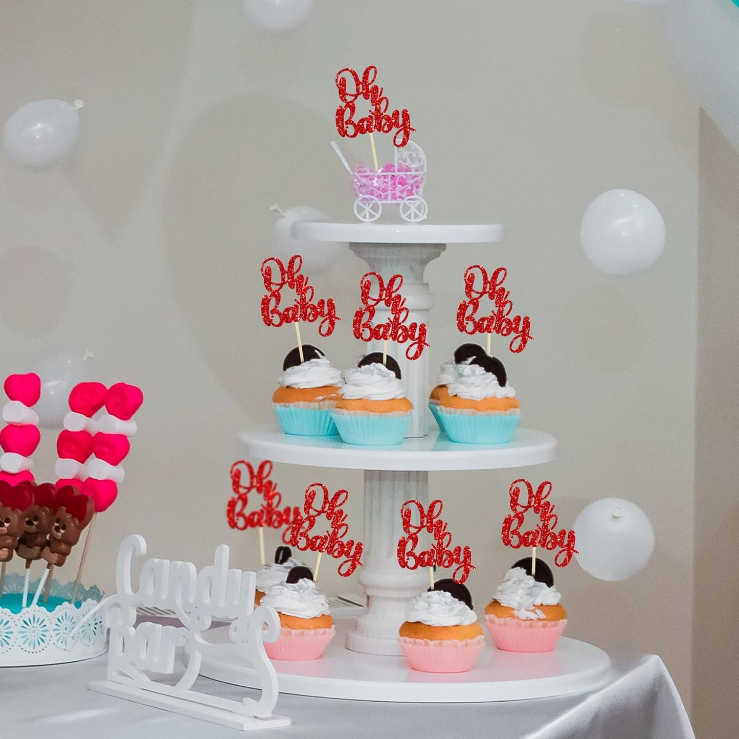 Gyufise 36Pcs Oh Baby Cupcake Toppers Glitter Baby Shower Cupcake Picks for Gender Reveal Baby Shower Kids Boys Girls Birthday Party Cake Decorations Supplies Red