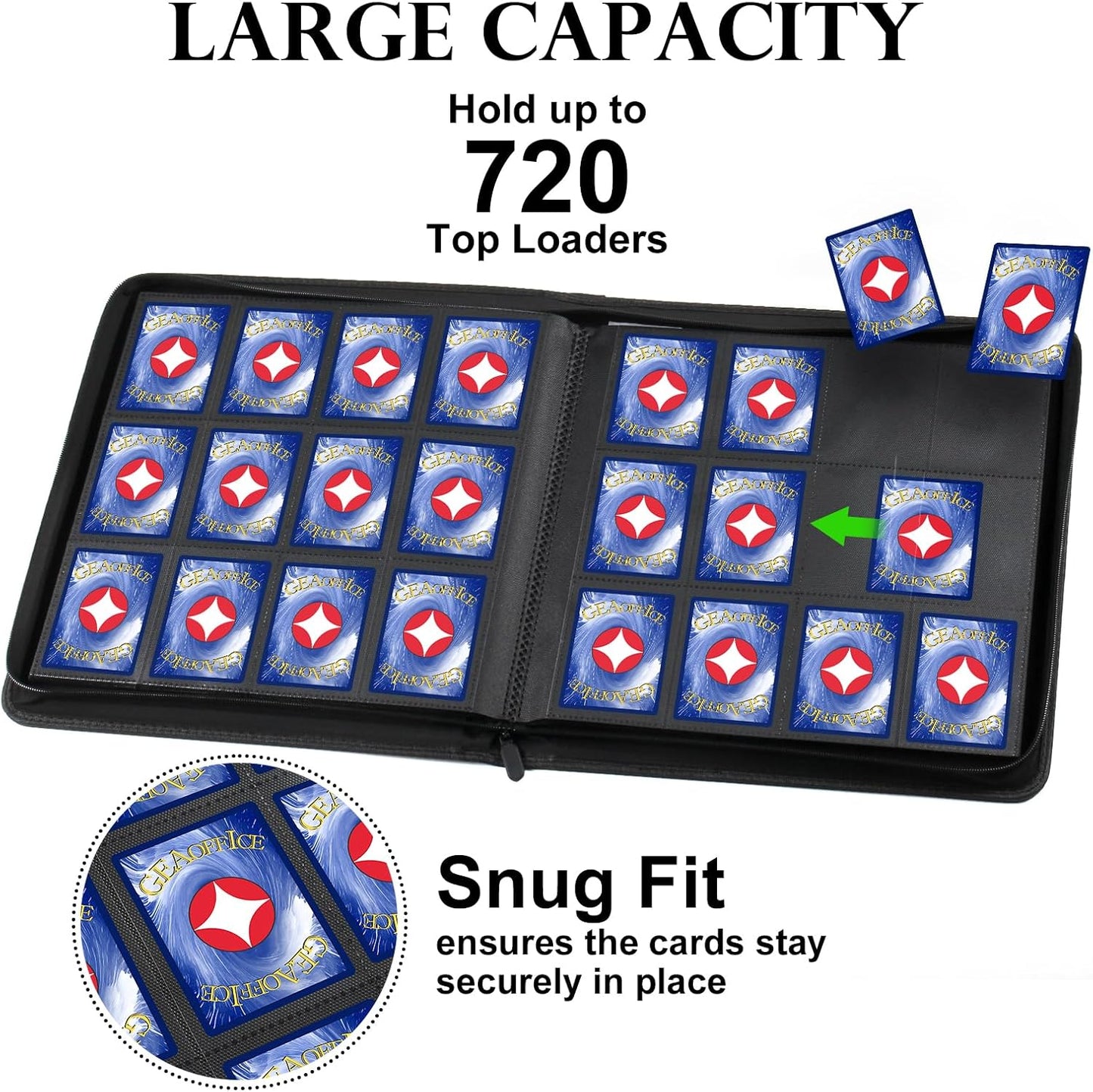 GEAoffice Trading Card Binder 12 Pocket Hold 720 Cards, Premium PU Cover Zipper Collection Binder, Ringless Sturdy Side Loading Card Album Folder for YuGiOh, MTG, TCG, Game & Sports, Non-PVC, Black