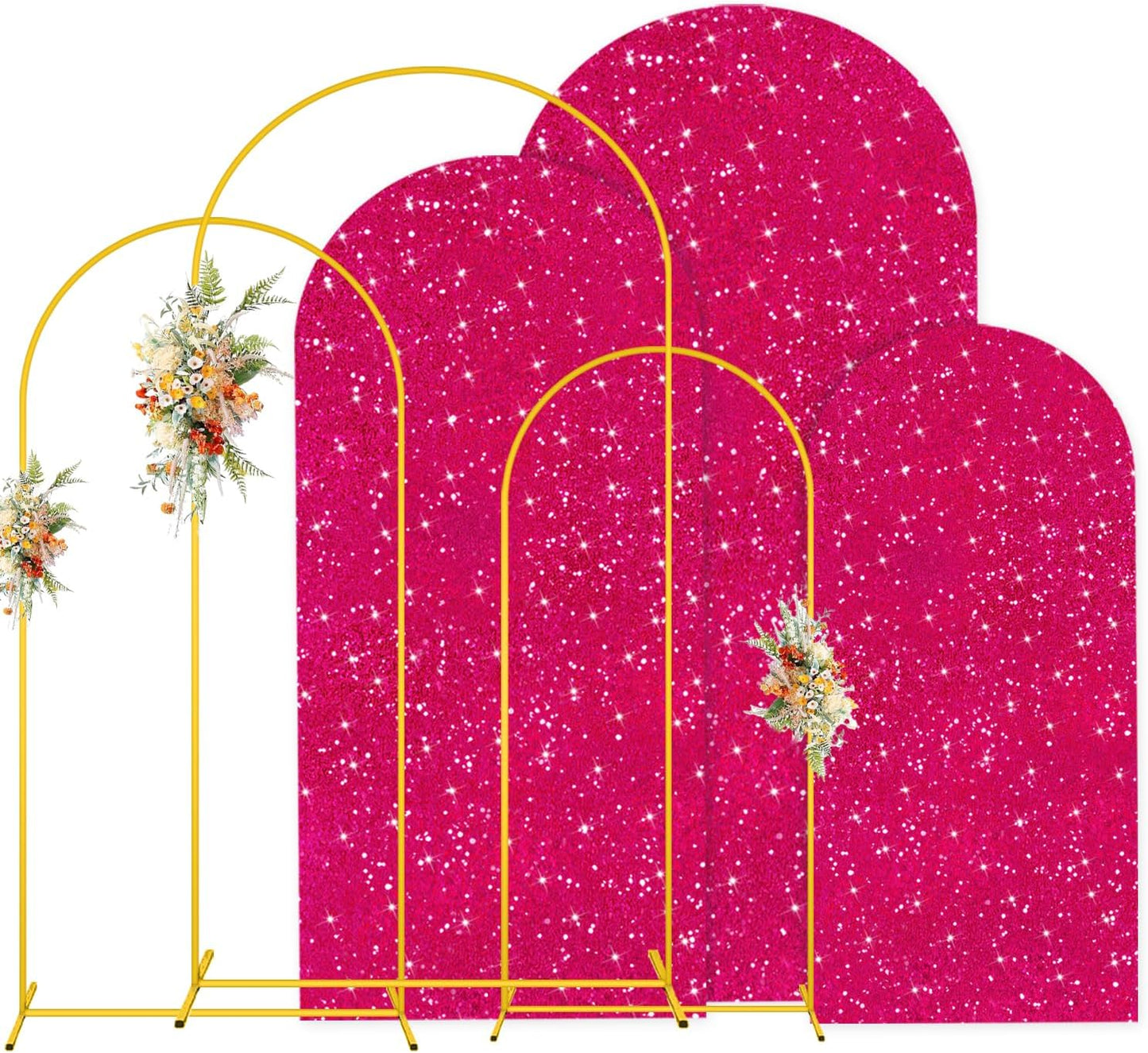 MODFUNS Metal Arch Backdrop Stand and Cover Set 4&5&6ft Hot Pink Sequins Arch Cover Gold Arch Frame with Covers Double Sided Arch Backdrop Covers for Wedding Banquet Reception Party Decor
