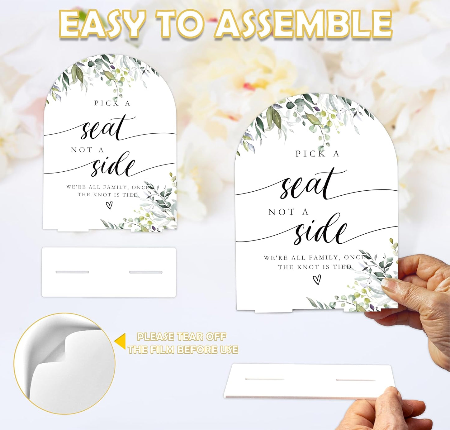 Greenery Pick a Seat Not a Side Sign, 6 x 8 Inch White Arch Acrylic Wedding Sign with Holder, Wedding Sign for Ceremony and Reception, Wedding Decoration, Wedding Supplies - LY17