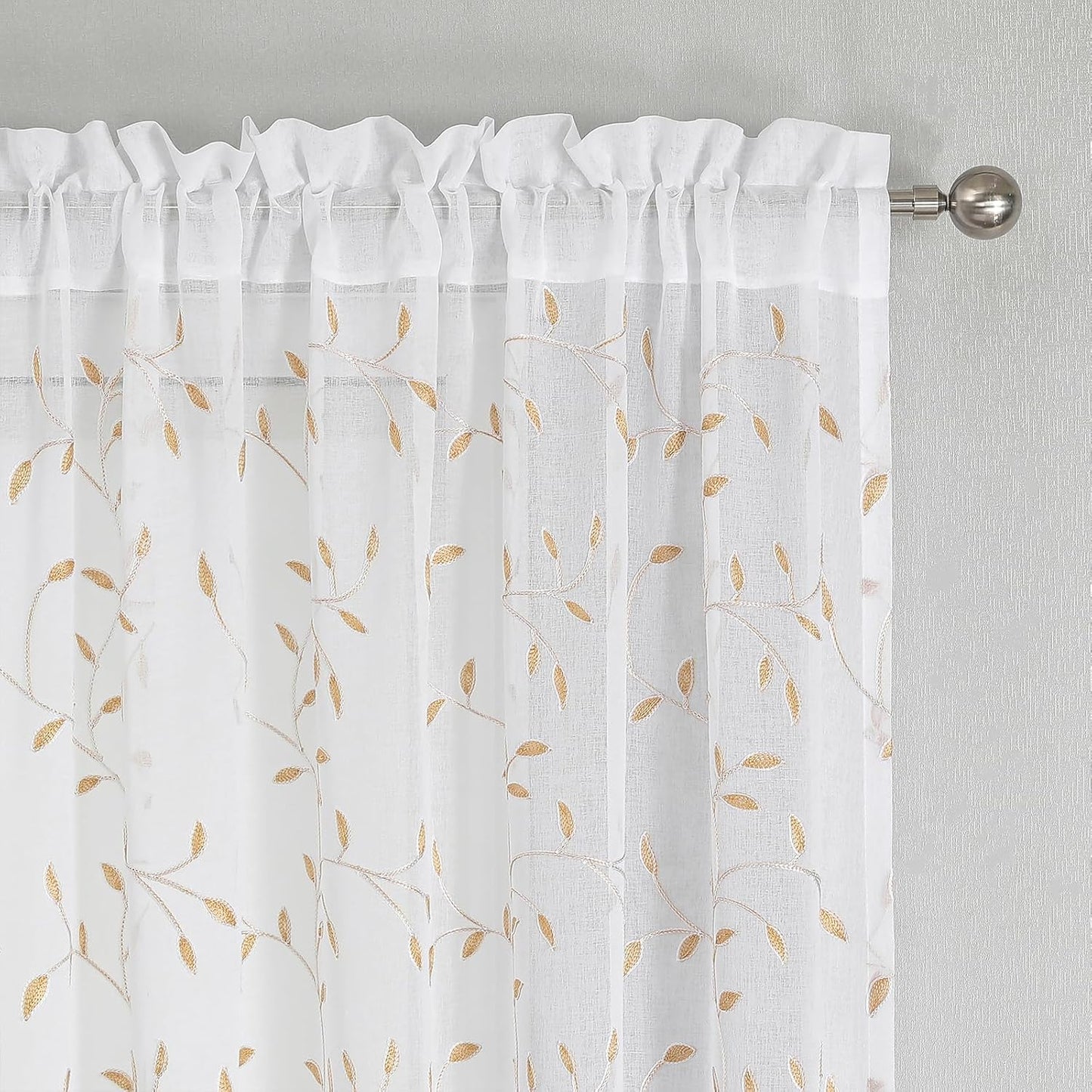 VISIONTEX White Sheer Voile Curtains, Decorative Orange Leaves Embroidery Faux Linen Rod Pocket Window Drapes for Home Kitchen, Living Room and Bedroom 54 x 72 Inch, Set of 2 Curtain Panels