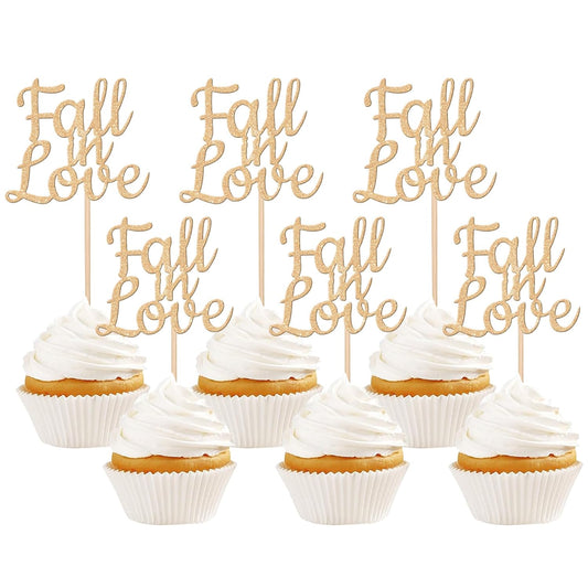 24 PCS Fall in Love Cupcake Toppers Glitter Fall Theme Bridal Shower Cupcake Picks for Autumn Wedding Engagement Anniversary Birthday Bridal Shower Party Cake Decorations Supplies Champagne Gold