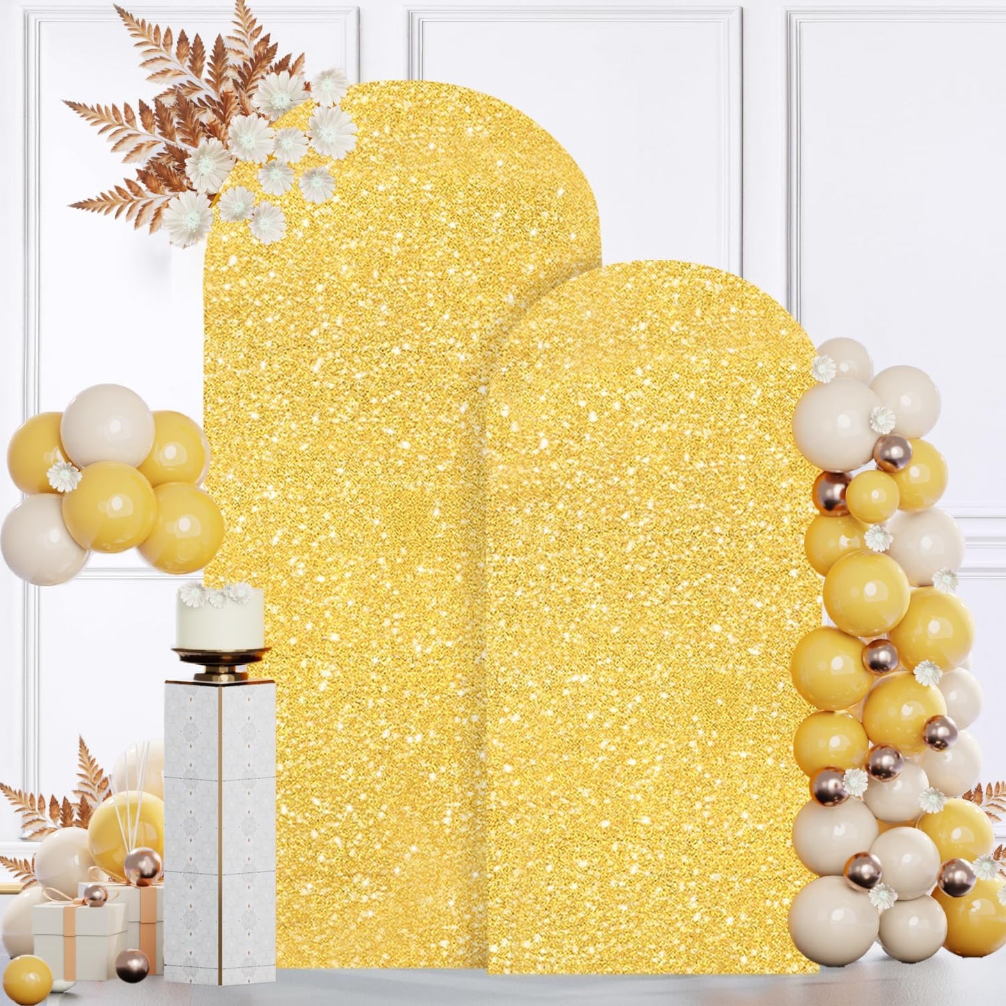 MODFUNS Arch Backdrop Stand and Cover Set 6&7.2ft Gold Sequins Arch Cover Metal Arch Backdrop Stand Set of 2 Wedding Arch Frame with Covers for Reception Birthday Party Decorations