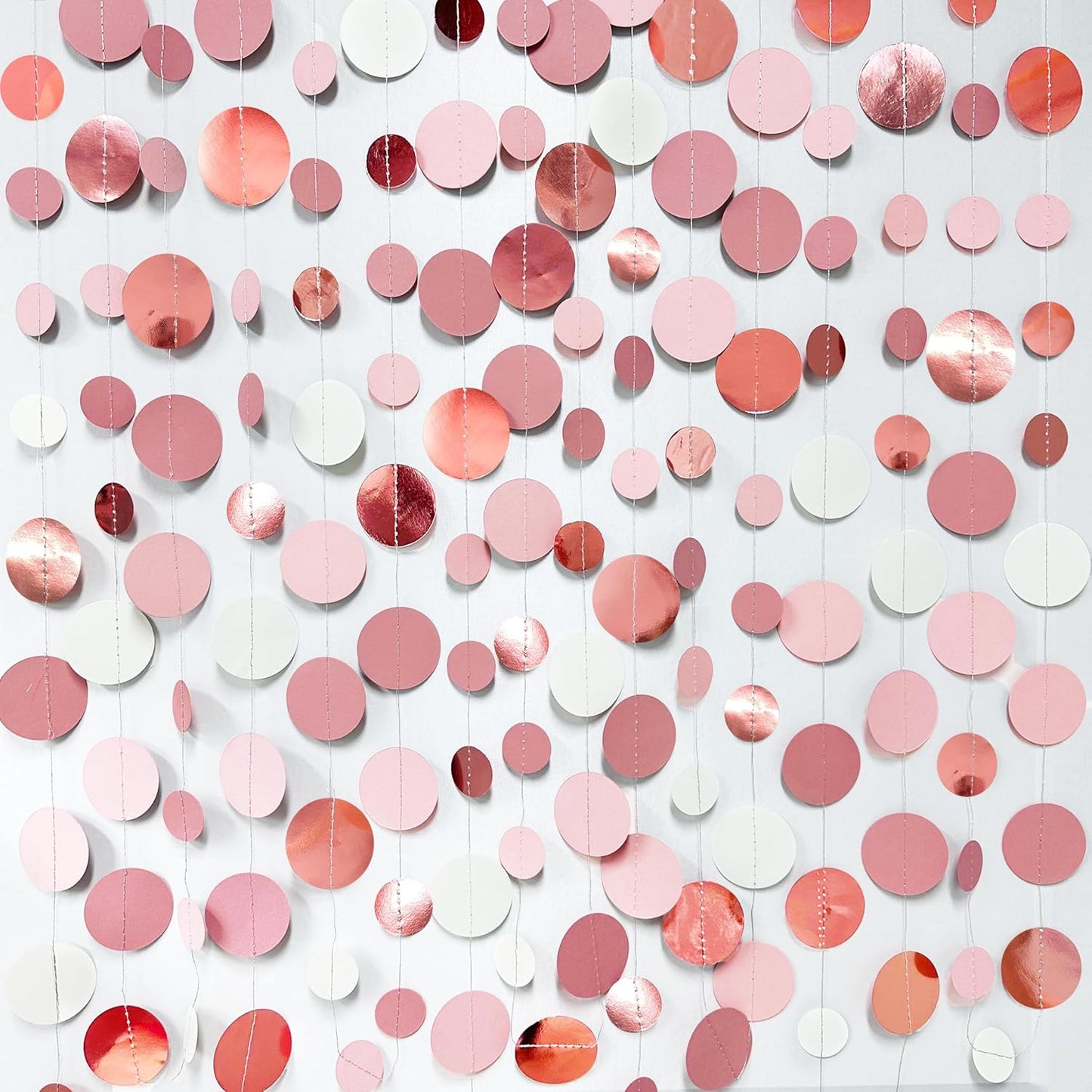 Rose Gold Party Decorations Dusty Pink Circle Dots Garland Blush Pink Hanging Paper Polka Dot Streamer for Birthday Wedding Bridal Shower Bachelorette Engagement Baby Shower Anniversary Party Supplies