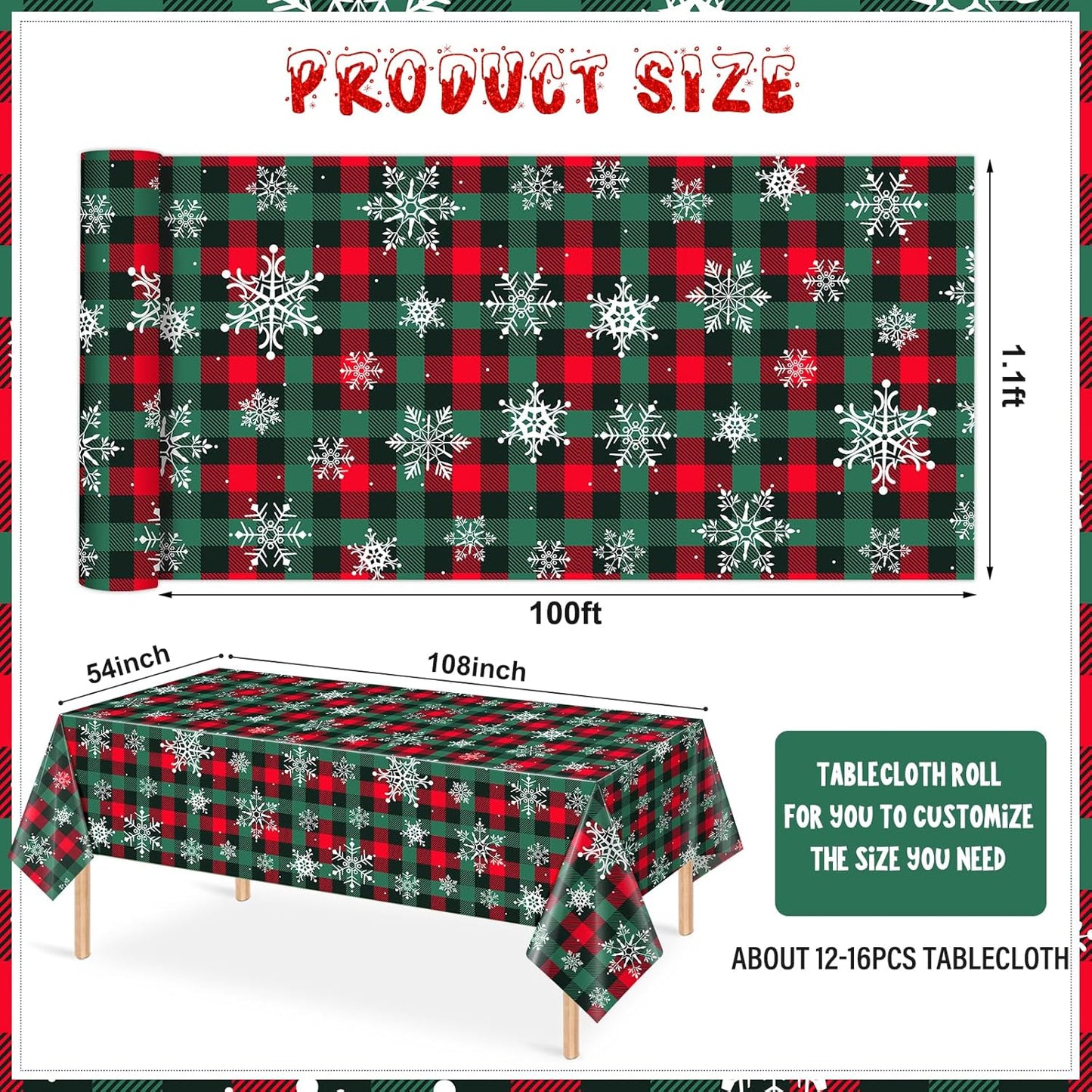 4.5x 100 Ft Roll of Christmas Buffalo Plaid Plastic Tablecloth Decorations,Disposable Red Green Snowflake Table Cover Photography Backdrop with Cutter Box for Christmas Holiday New Year Party Supplies