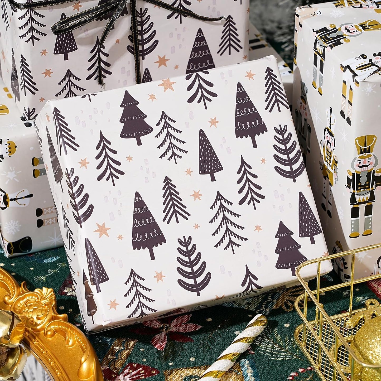 Ulmasinn Reversible Christmas Wrapping Paper Roll - 17" x33ft Double-Sided Designs with Luxury, Gold Nutcracker & Minimalist Black Forest, Xmas Gift Wrap for Presents, Table Decor & Crafting