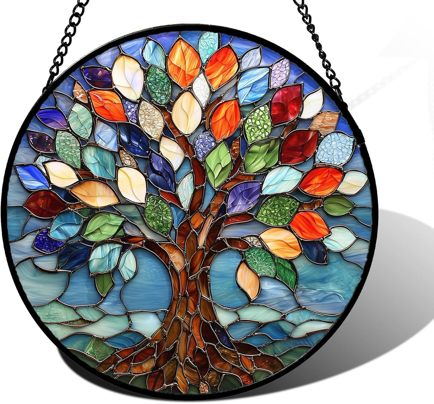 Stained Glass Window Hanging, Colorful Tree of Life Sun Catchers Glass Panel Blue Suncatcher Decor for Birthday for Women, Men, Wife, Aunt, and Mom 11.8x11.8 in