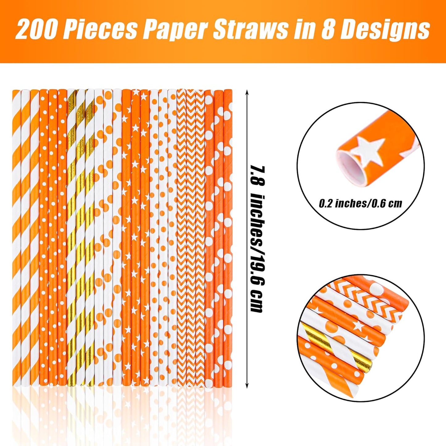 Cooraby 200 Pieces Thanksgiving Paper Straws Orange and Gold Assorted Paper Straws Biodegradable Drinking Straw Mix for Fall Leaf Autumn Wedding Supplies, 8 Style