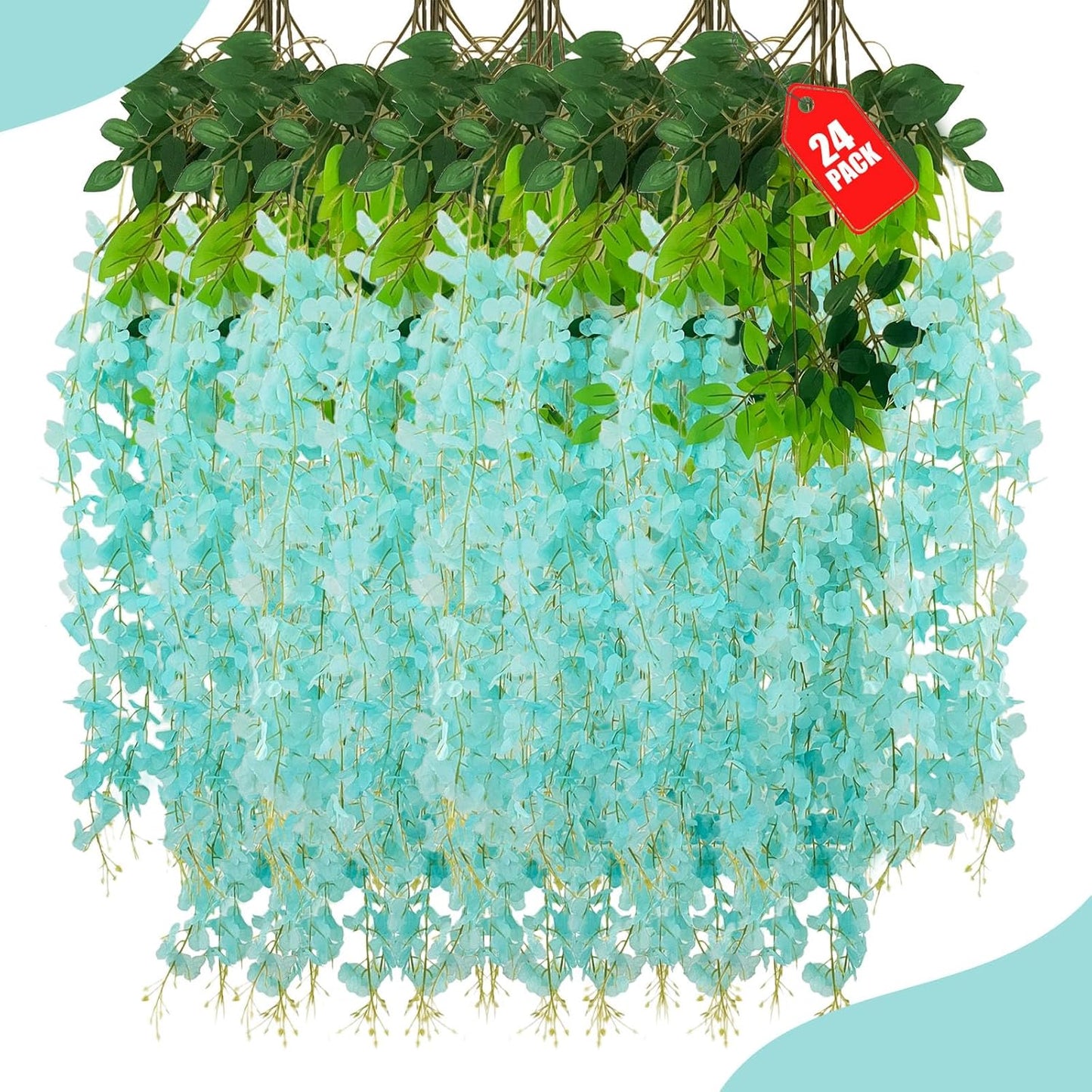 24 Pack Teal Wisteria Hanging Flowers, 3.4 Ft Fake Hanging Flowers, Artificial Wisteria Garland Vines for Wedding Room Backdrop Outdoor Patio Garden Decoration