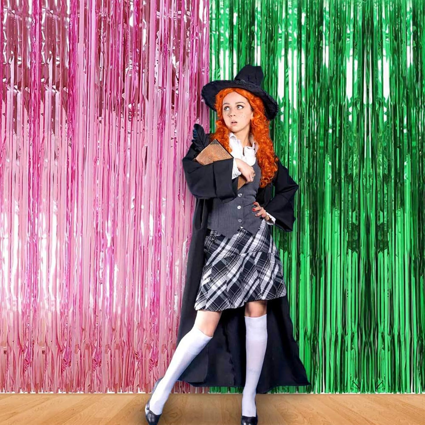CANREVEL 2 Pack 3.3x6.6 Feet Pink and Green Foil Fringe Backdrop Curtains, Tinsel Streamers for Wicked Witch Merch Decor Birthday Party, Graduation, Halloween Party Decorations