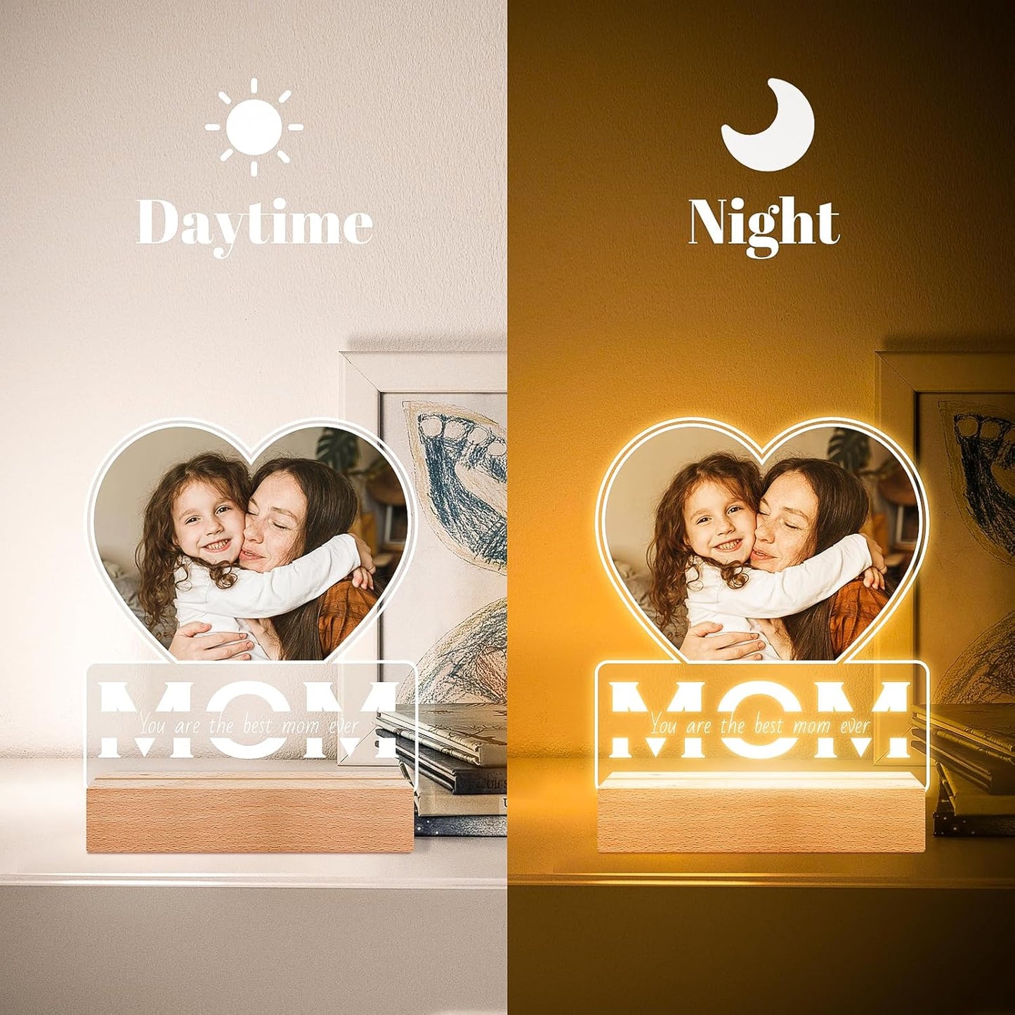 Personalized Birthday Gifts for Mom from Daughter and Son, Custom Heart Picture Frames with Photo, Personalized Photo Frame with Night Light, Customized Mom Gifts for Baby Kids Family