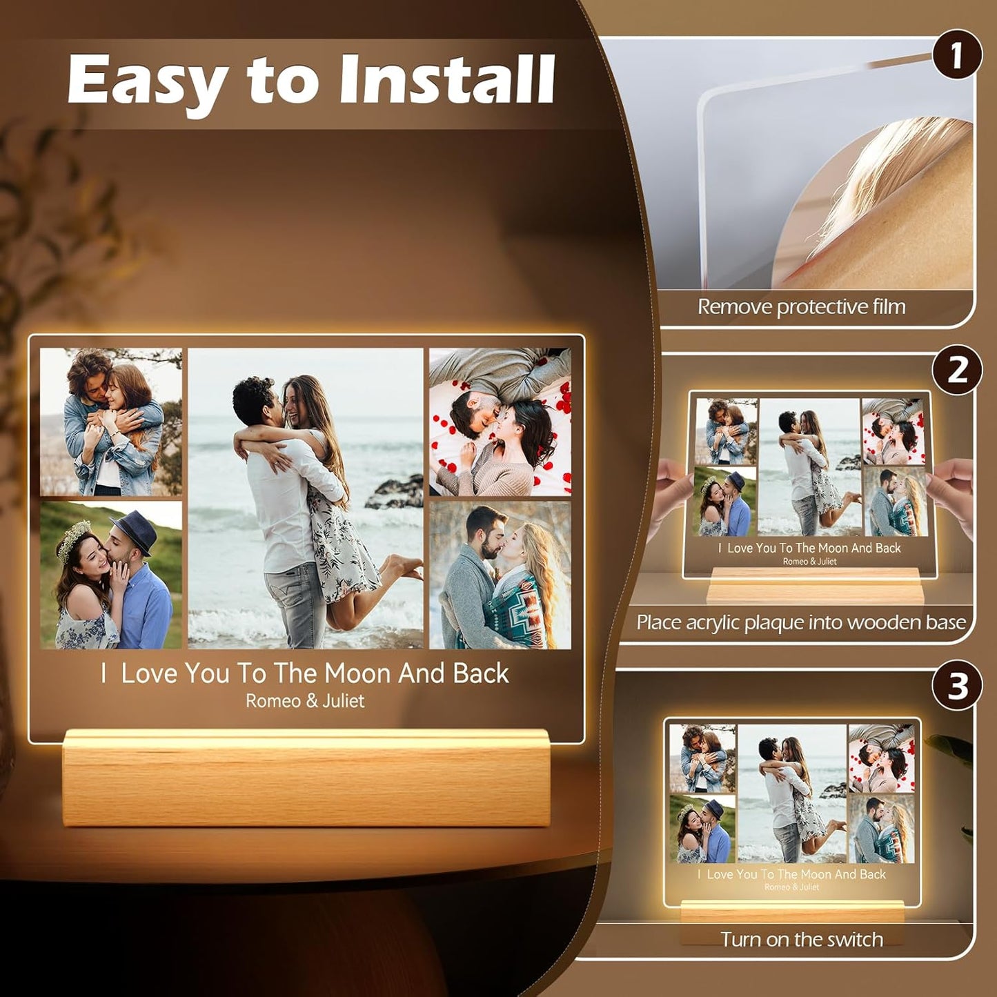 Custom Picture Frames with Photo, Personalized Photo Frame with Night Light, Customized Picture Frame, Personalized Anniversary Birthday Gifts for Women, Men, Him, Her, Couple, Boyfriend, Girlfriend