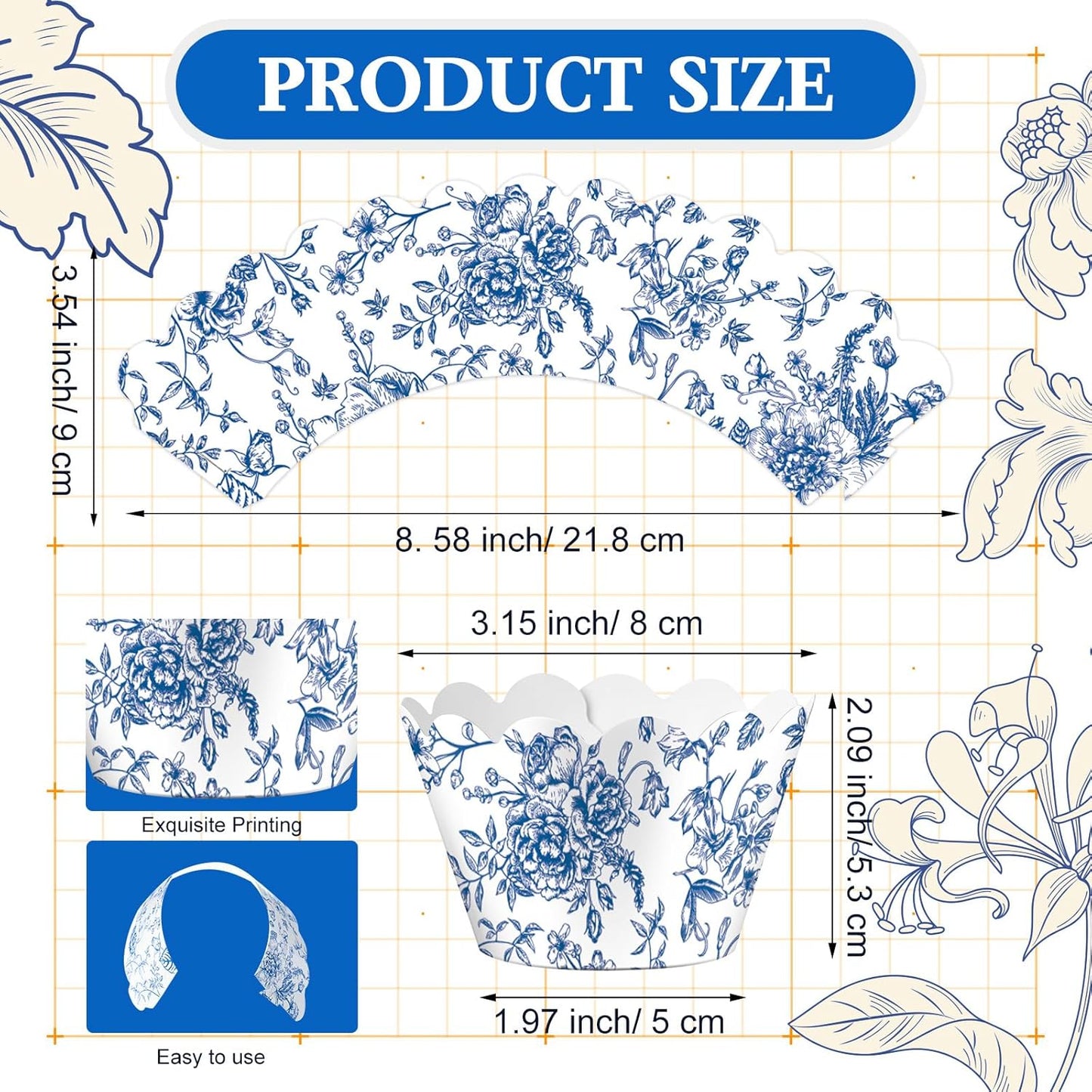 Domensi 100 Pcs Blue Floral Cupcake Wrappers Rustic Cupcake Liners Baking Cups Baking Liners for Wedding Bridal Baby Shower Birthday Party Supplies Dessert Decoration, Blue