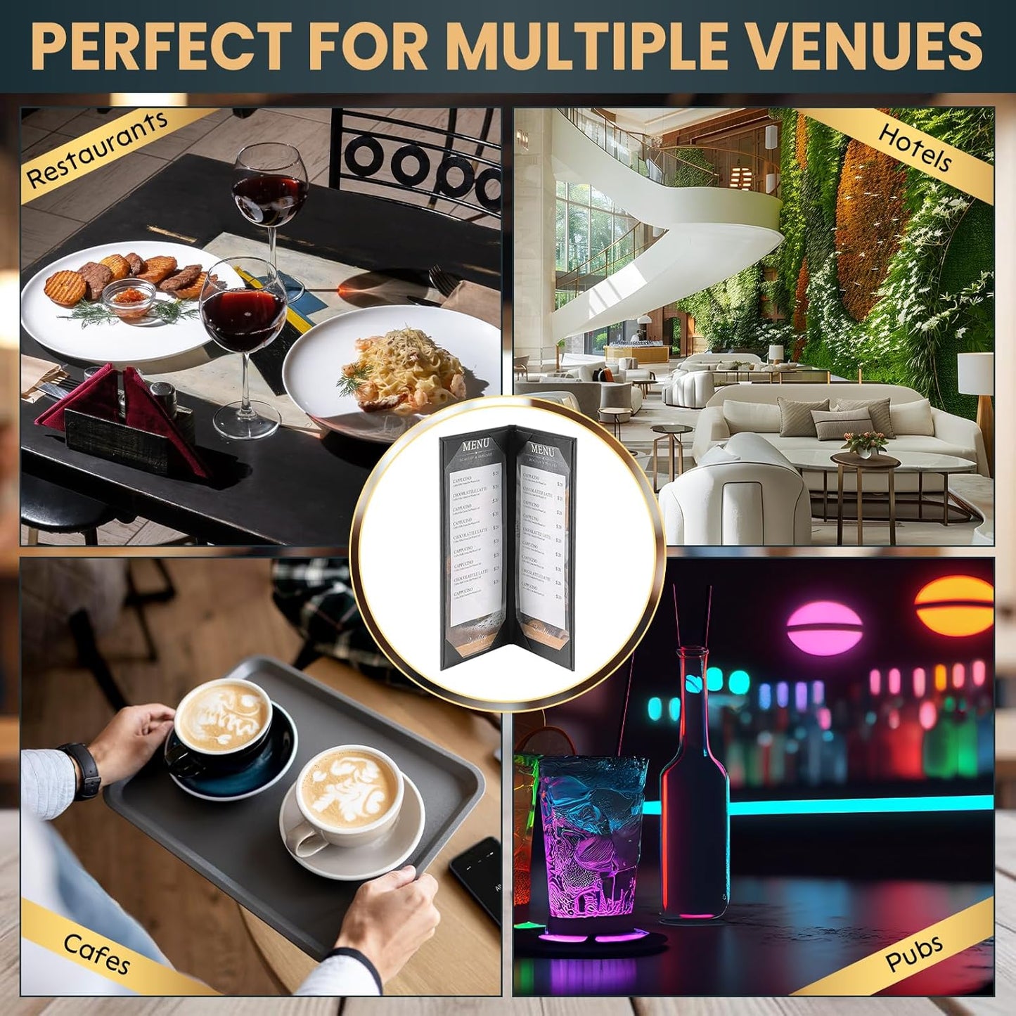 12 Pack 2 View Menu Holder Menu Covers 4.25" x 11" | Black Leather Menu Sleeves Book Style for Restaurant Coffee Bars Wine List