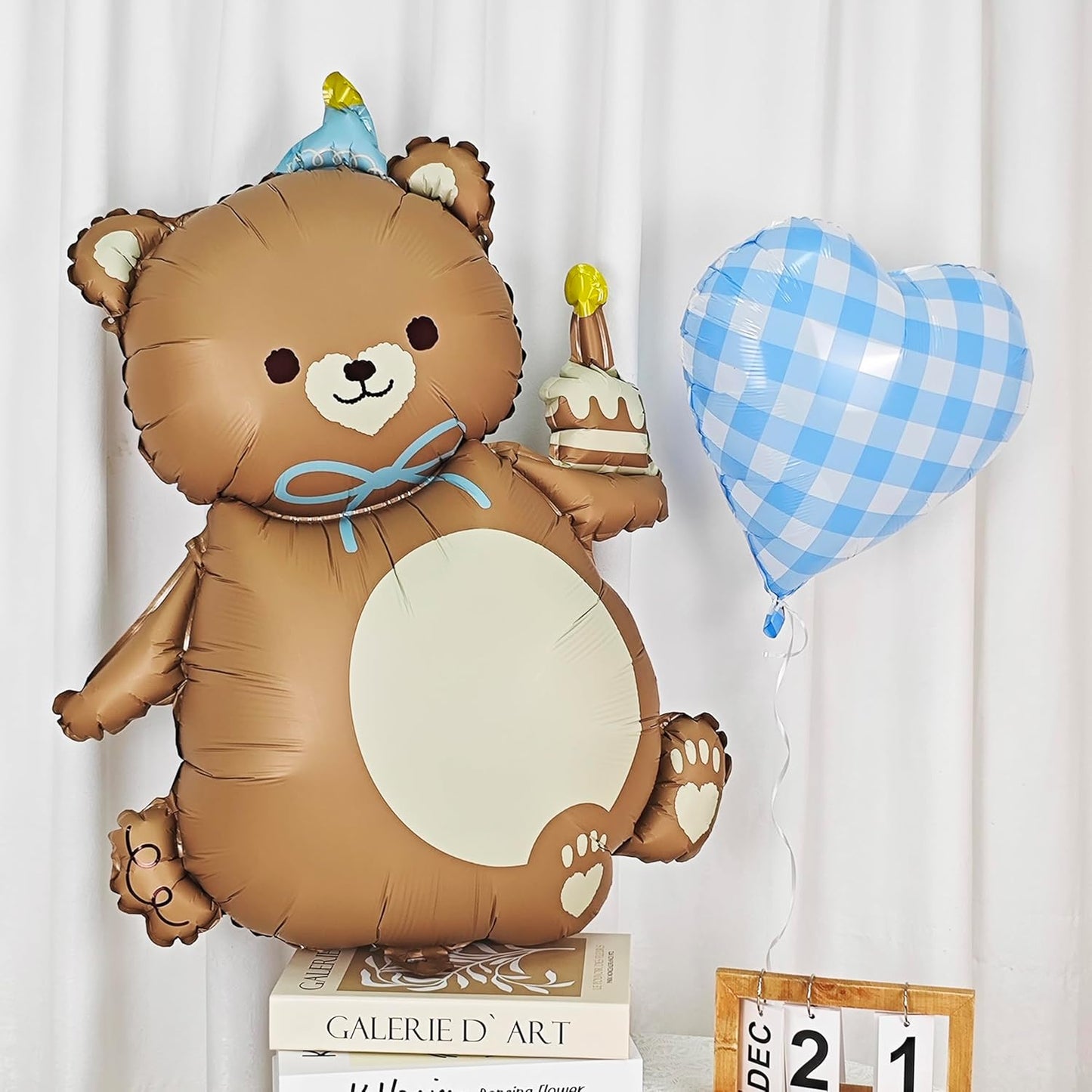 2PCS Matte Bear Animal Balloon With Hat Big Brown Bear Holding Birthday Candle Cake Bear Foil Balloon For Kids Jungle Safari Zoo Farm Birthday Theme Party Baby Shower Decoration