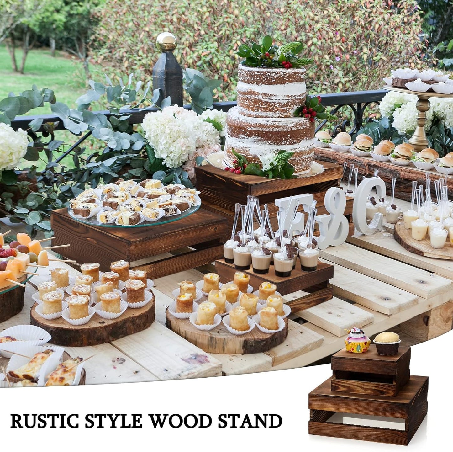 Sieral 4 Pieces Wood Cupcake Display Stand Decorative Dessert Appetizer Cake Stand Risers Wooden Crate Rustic Cake Risers for Storage for Party Christmas Halloween Wedding Decor(Burnt Wood)