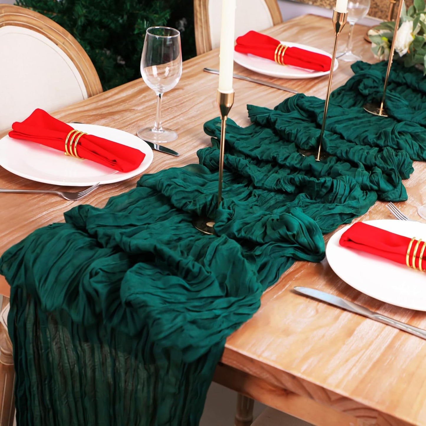 Snowkingdom 6 PCS Emerald Green Table Runner 120 Inch 10 Ft Rustic Boho Dark Green Cheese Cloth Runner for Wedding Bridal Baby Shower Birthday Party Christmas Sheer Gauze Home Table Centerpiece Deocr