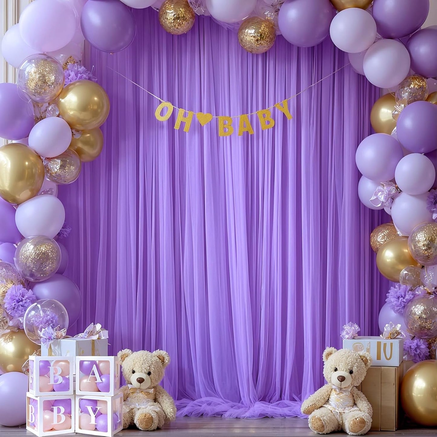Purple Sheer Backdrop Curtain for Baby Shower Girls Birthday Party 10ft X 10 ft, 2 Panels Purple Tulle Backdrop Curtains Drapes for Wedding Photoshoot Background Decorations
