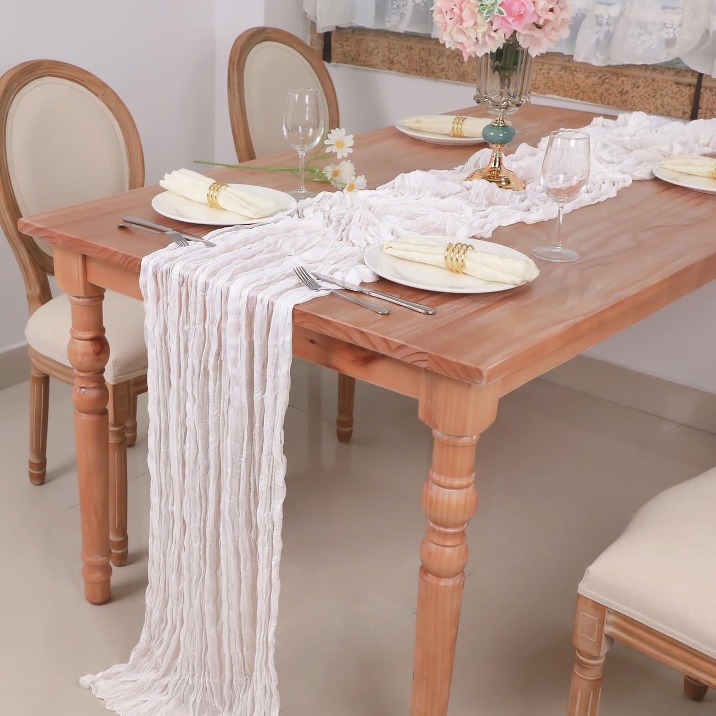 Snowkingdom 13Ft White Cheesecloth Table Runner, 160inch Long Cheese Cloth Boho Gauze Runner for Wedding Bridal Baby Shower Birthday Christmas Holiday Party Sheer Table Decorations