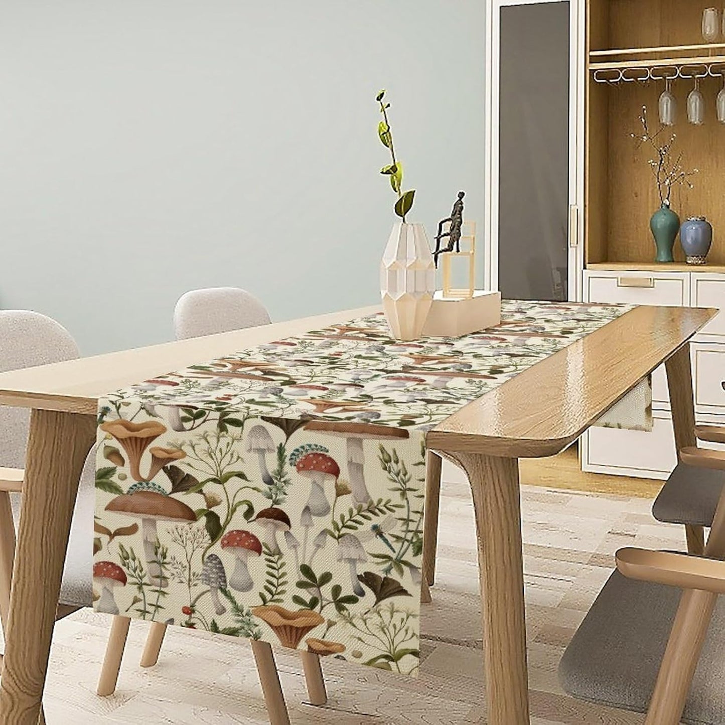 Mushroom Table Runner,Vintage Forest Flower Plant Print Table Runner for Kitchen Dining Table Home Party Decoration 13x90 Inch