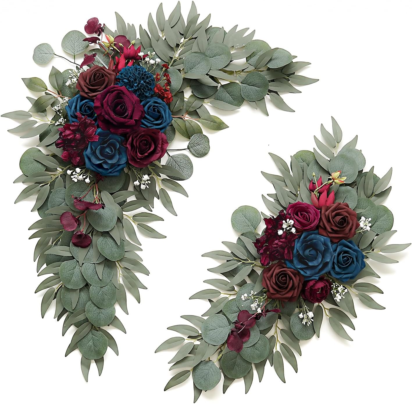 Navy and Burgundy Flower for Wedding Welcome Signs Decorations, Artificial Burgundy Wedding Arch Flowers for Wedding Ceremony (Set of 2)