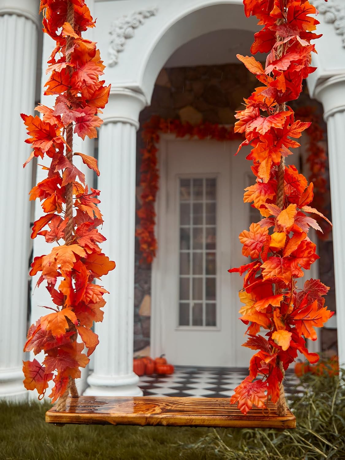 PARTY JOY 6PCS Orange Leaf Garland, 5.6Ft Halloween Garland Artificial Maple Leaf Autumn Hanging Fall Vines Thanksgiving Decorations Fall Decor