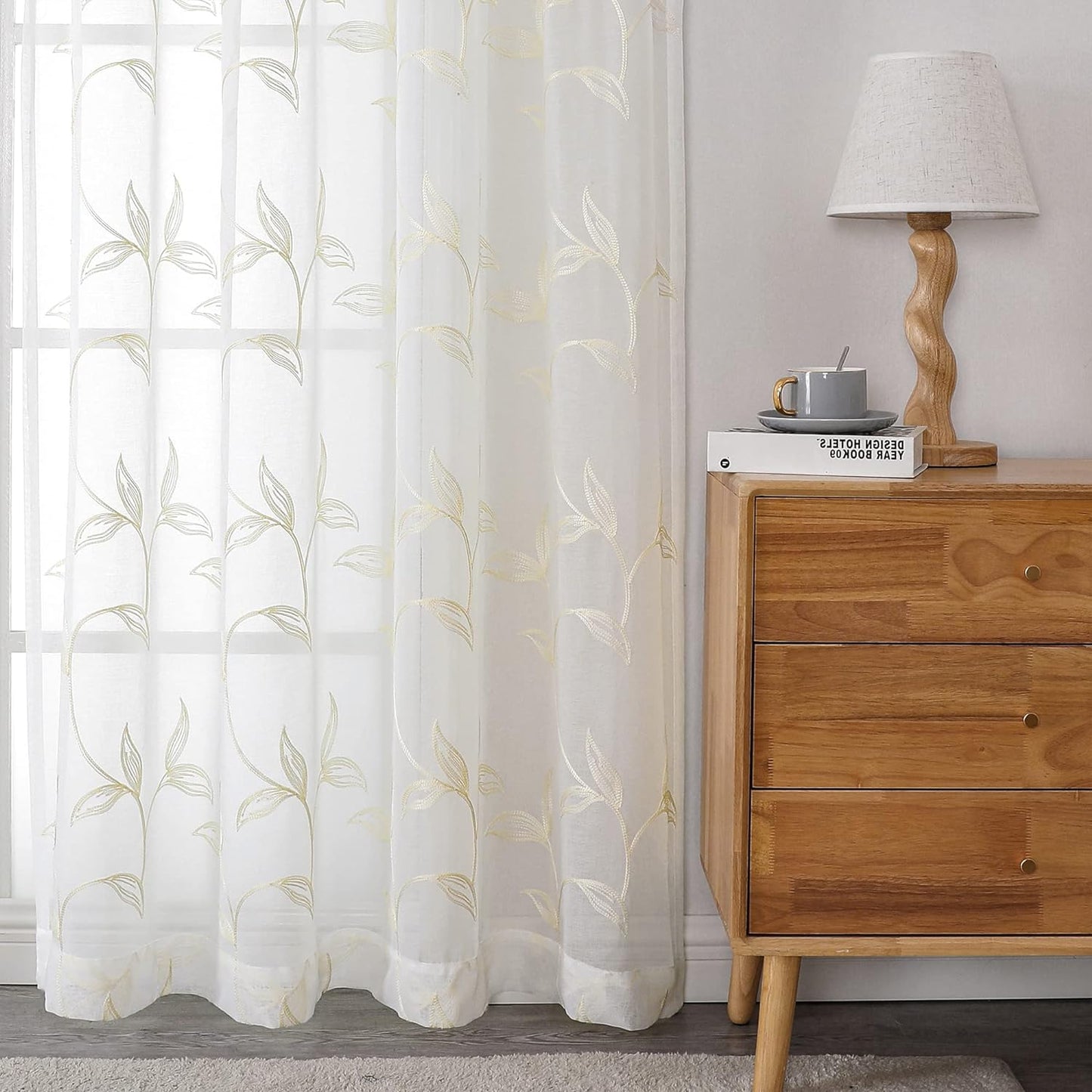 VISIONTEX Sheer Curtains 72 inch Length 2 Panels Set, White Voile Crushed Cream Vine Leaves Embroidery, Rod Pocket Embroidered Window Drapes for Living Room and Bedroom, 54" x 72"