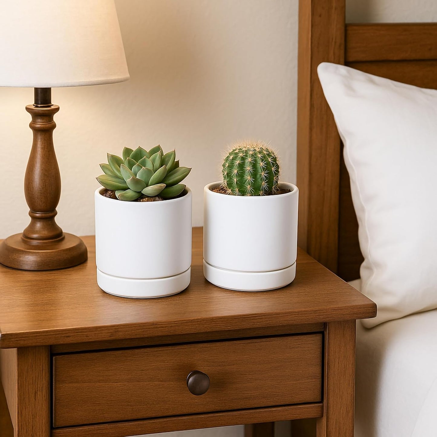 D'vine Dev Set of 4 Small Ceramic Plant Pots, 4.7 Inch Succulent Planter Pot for Plants with Drainage Hole and Saucer, White, 94-X-B-1