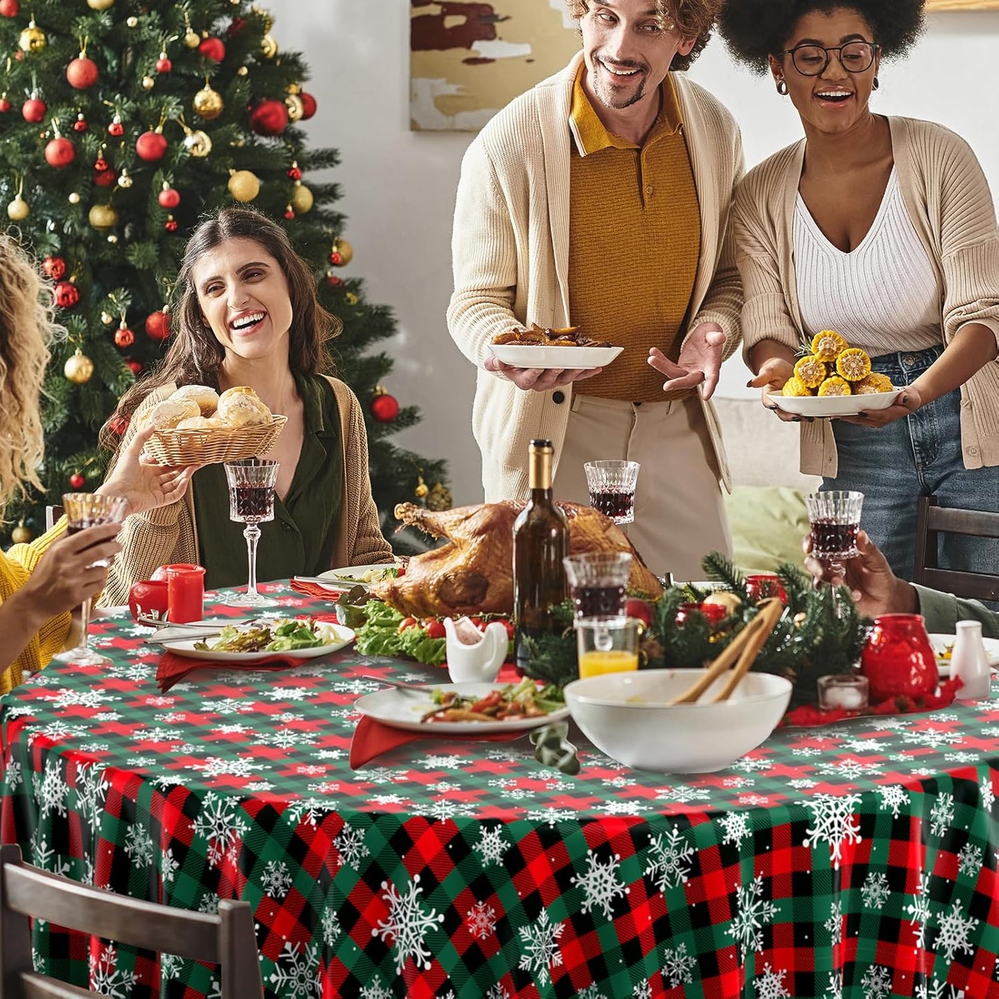 Jectivs 3Pcs Christmas Buffalo Plaid Snowflake Party Tablecloths Decorations,Plastic Red and Green Checkered Round Table Cover for Winter Christmas New Year Birthday Holiday Party Decorations,84 inch