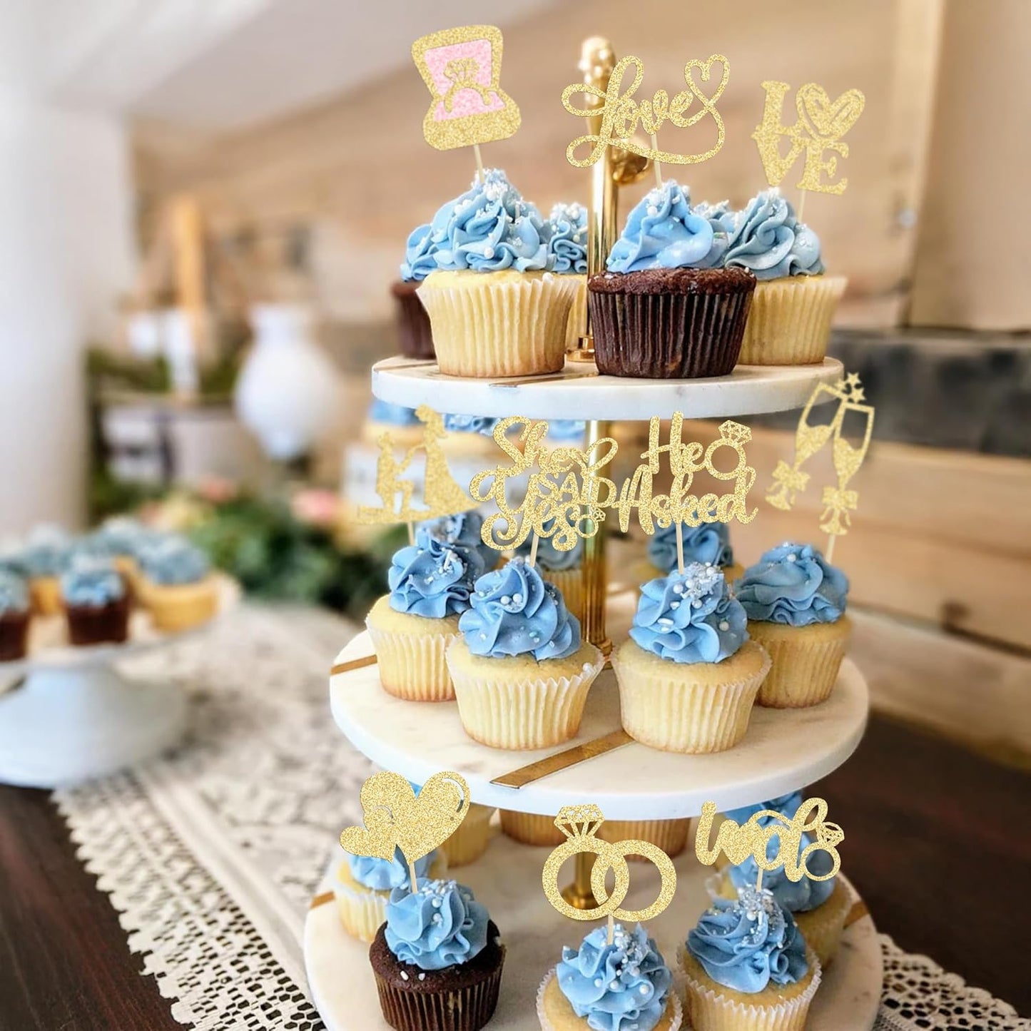 Ephlyn 30Pcs He Asked She Said Yes Cupcake Toppers Glitter Engagement Cupcake Toppers Diamond Ring Heart Love I Do Cupcake Picks for Engagement Wedding Party Cake Decorations Gold