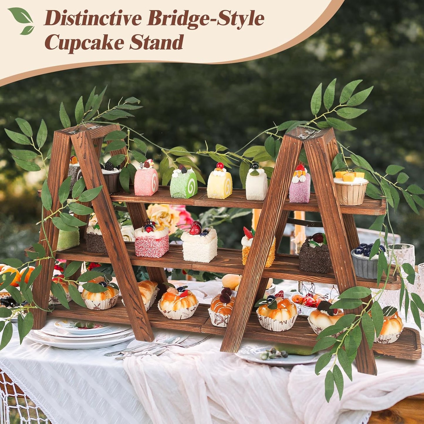 Wooden 3-Tier Cupcake Stand with Removable Trays & Vine Decoration – Foldable Party Display Serving Ladder with Platter for Cake, Snacks, Fruits, Chips, Bread