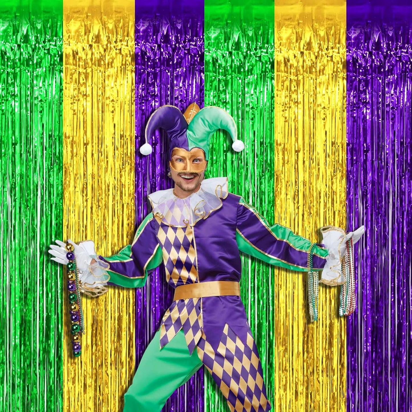 4 Pack Mardi Gras Foil Fringe Curtain Backdrop, 3.28Ft x 8.2Ft Gold Green Purple Metallic Tinsel Foil Fringe Streamers Curtains for Photo Booth, Wedding, Birthday, Carnival Party Decoration