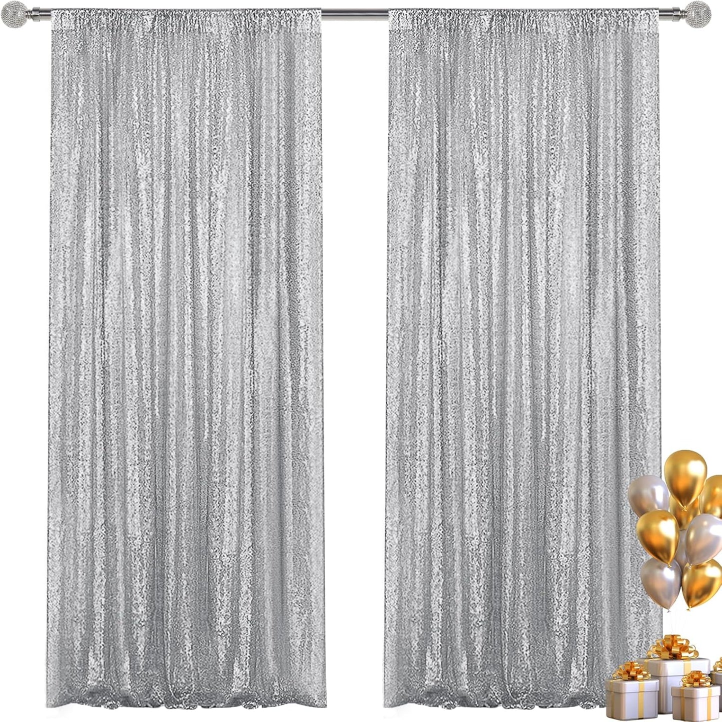 Silver Sequin Backdrop Curtain 2 Pieces 2FTx8FT Glitter Photography Backdrop for Party Wedding Birthday Christmas Decorations