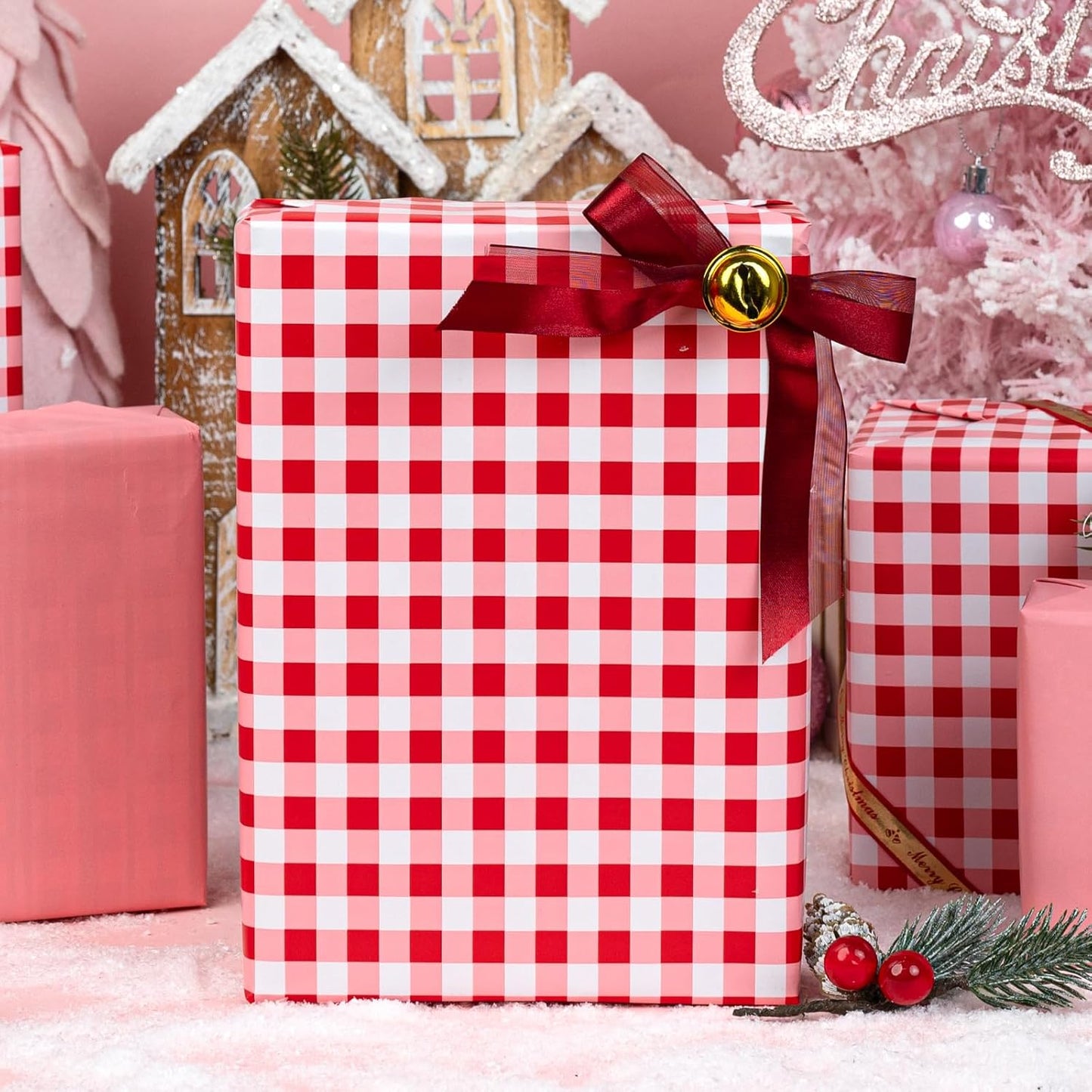 Burymento Red Checkerboard Wrapping Paper, Gift Wrap for Birthday, Valentines, Mothers day, Graduation, Wedding, Fathers day, Baby Shower, Christmas (17in x 32.8ft)