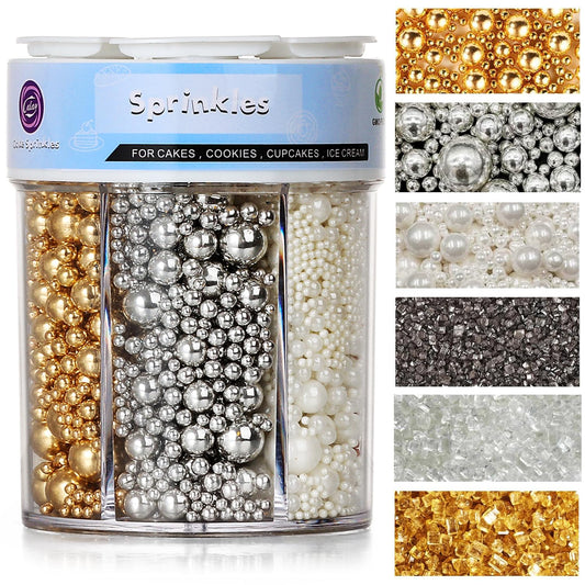 Sprinkles for Cake Decorating, 11Oz 3 Colors Gold Silver White Pearl and Sanding Sugar Sprinkles Mix for Cake Cupcake Ice Cream Donuts Cookie Baking Toppings