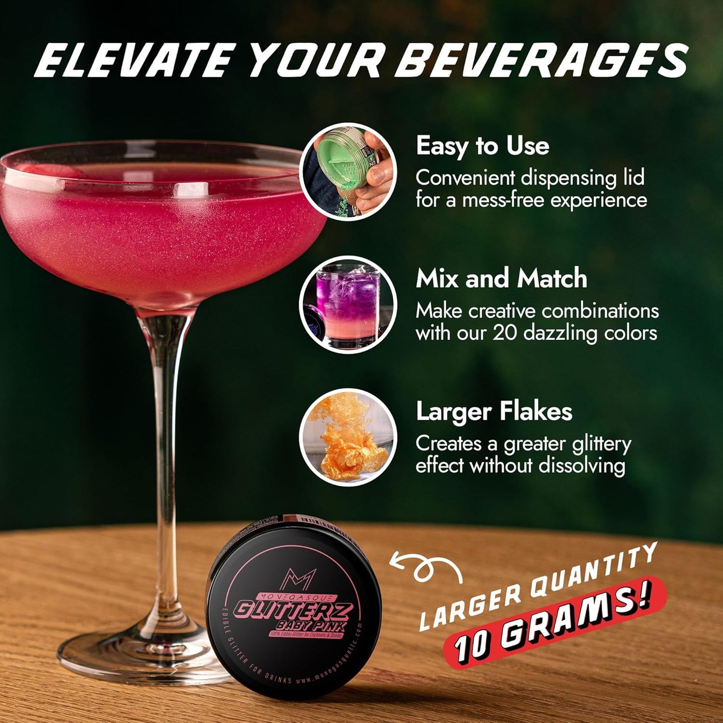 MONÉGASQUE Baby Pink Edible Glitter for Drinks 10g – Pink Edible Glitter for Cakes & Cocktails – Halloween Drink Shimmer Powder – Cocktail Sparkles for Drinks – Food & Cake Decorations Spray Sprinkles