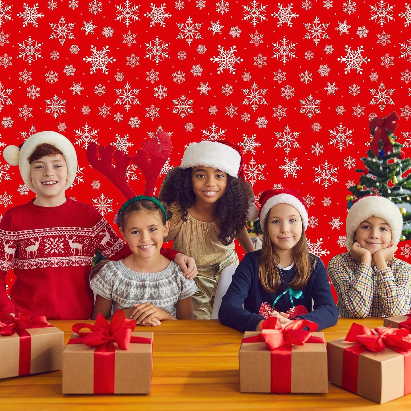 4.5x 100 Feet Roll of Christmas Plastic Tablecloth Decorations,Disposable White Snowflake Red Xmas Table Cover Photography Backdrop with Cutter Box for Winter Christmas Holiday New Year Party Supplies