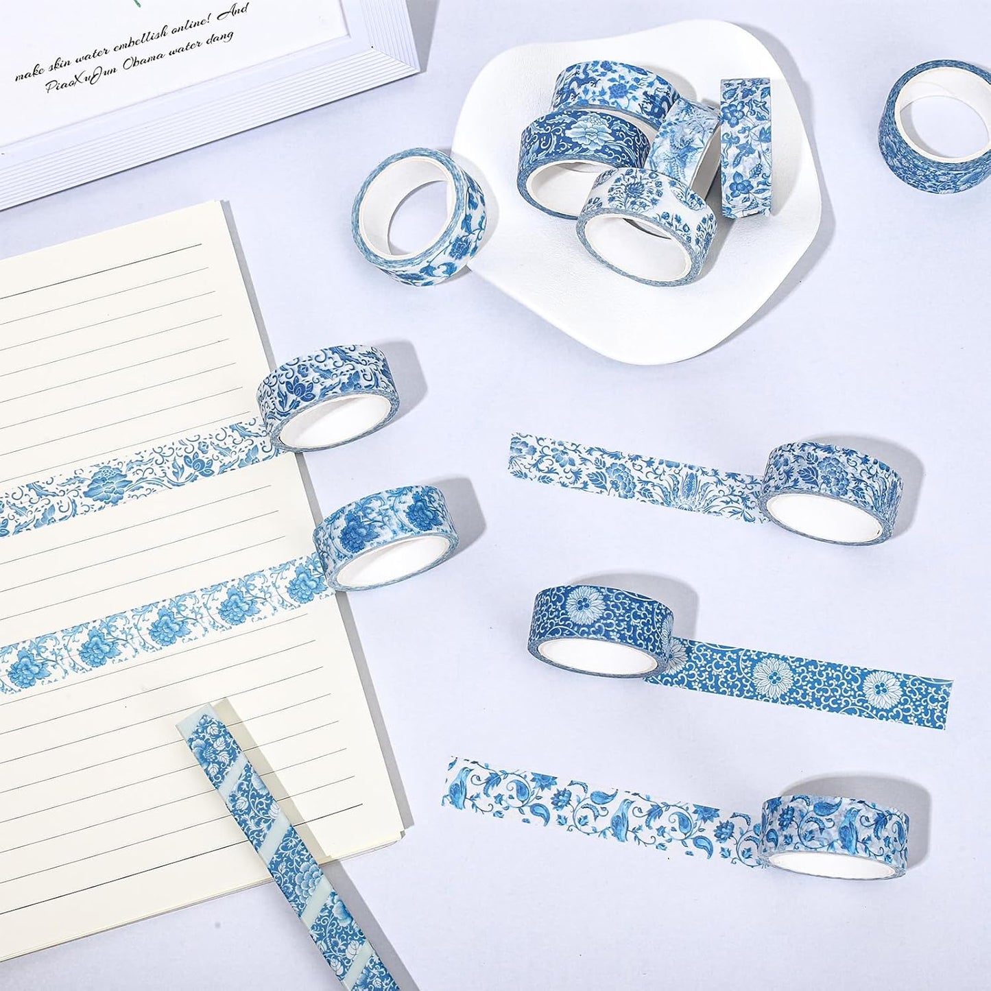 Whaline 12 Rolls Blue Floral Washi Tape Chinoiserie Flower Washi Tape Vintage Masking Decorative Gift Wrapping Paper Tape for DIY Craft Scrapbook Envelope Party Favor Supplies