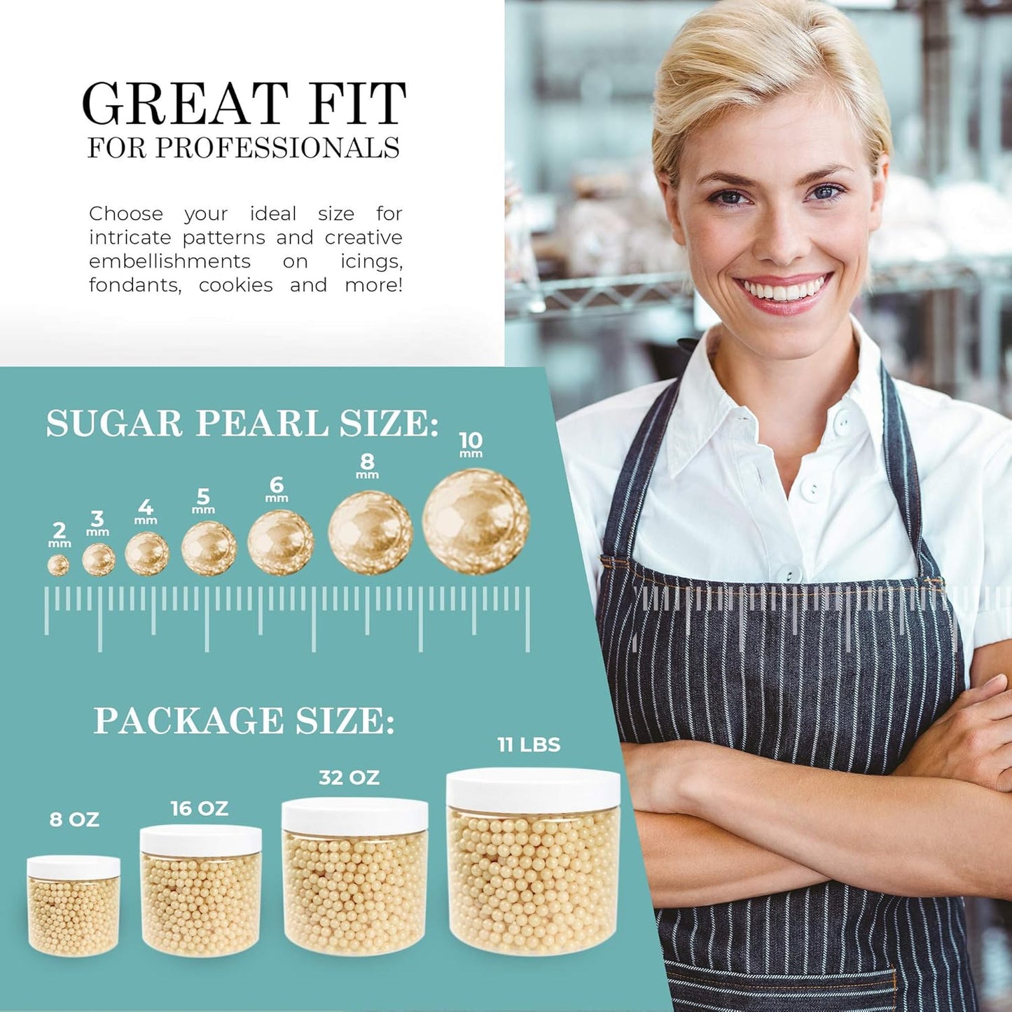 O'Creme Ivory Edible Sugar Pearls Cake Decorating Supplies for Bakers: Cookie, Cupcake & Icing Toppings, Beads Sprinkles For Baking, Certified, Candy Sugar Ball Accents (8mm, 32 oz)