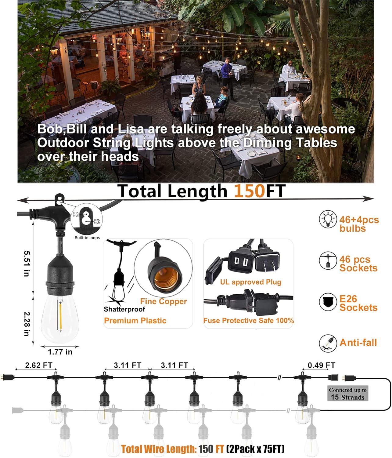 Achin Outdoor String Lights 150 Feet LED Waterproof Patio Lights with 50 Shatterproof Dimmable Warm Edison Bulbs String Lights for Outdoor Gazebo Bistro Wedding Birthday Party Lights, Connectable