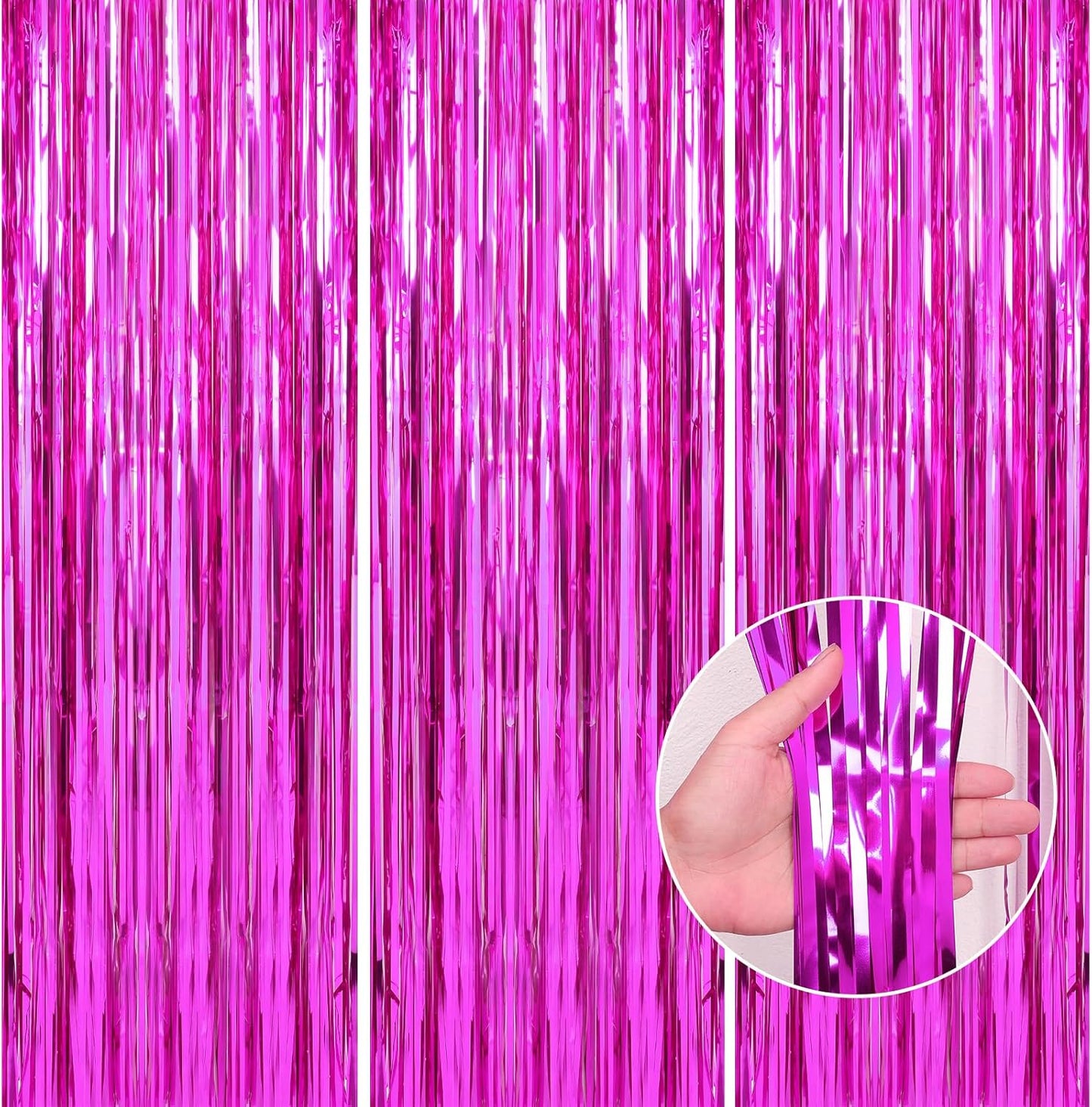 Crosize 3 Pack 3.3 x 9.9 ft Hot Pink Foil Fringe Backdrop Curtains, Streamer Backdrop Curtains, Streamers Birthday Party Decorations, Tinsel Curtains for Parties, Photo Booth Backdrops