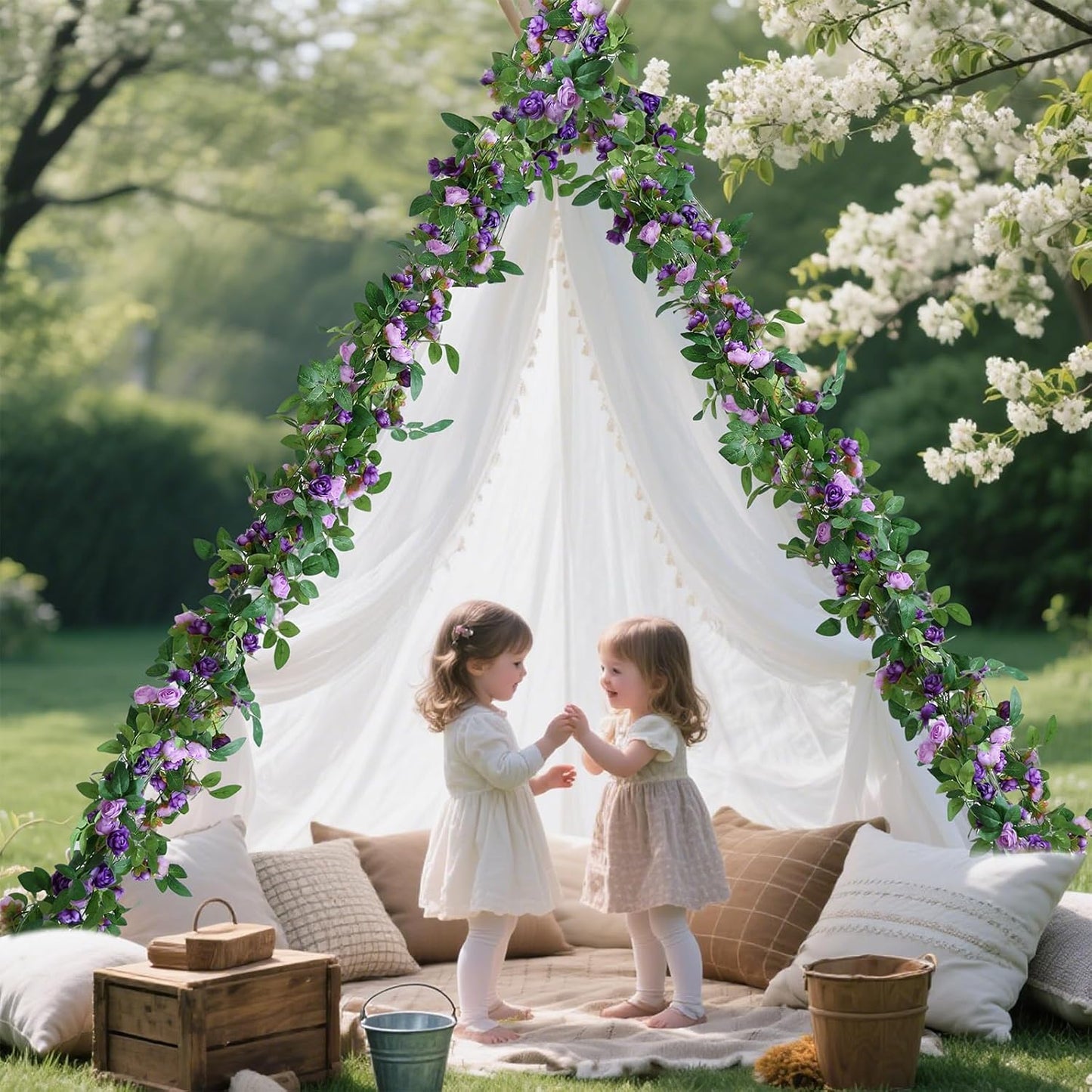 4 Packs Artificial Rose Garland: 31.48Ft Each Fake Flower Vine with Improved Color & 10 Ties for Wedding Arch Backdrop, Home Wall Party Decor, Christmas Decor, Purple