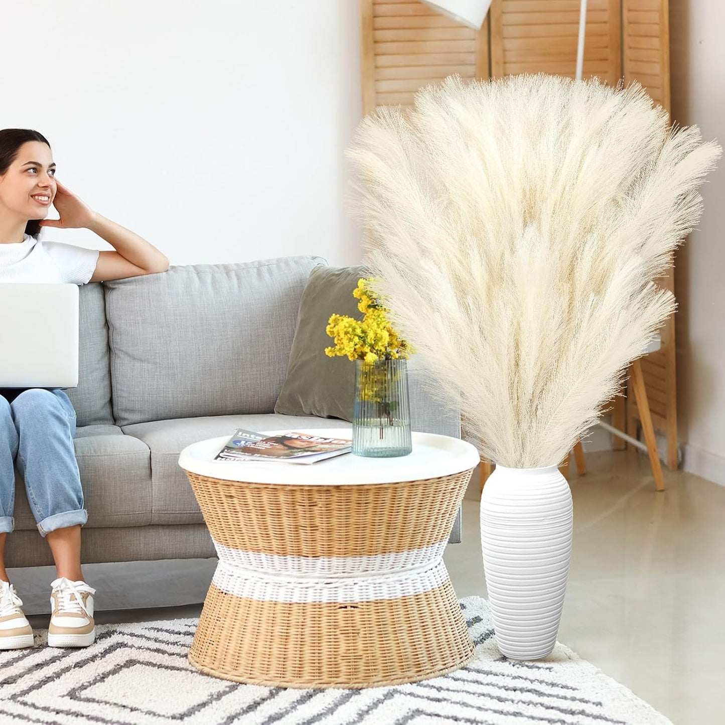 Zeyune 10 Pcs 71'' Large Faux Pampas Grass Decor Tall Artificial Pompous Grass Bulk for Boho Floor Vase Filler Wedding Floral Arrangements Home Baby Shower and Boho Decor (Beige)