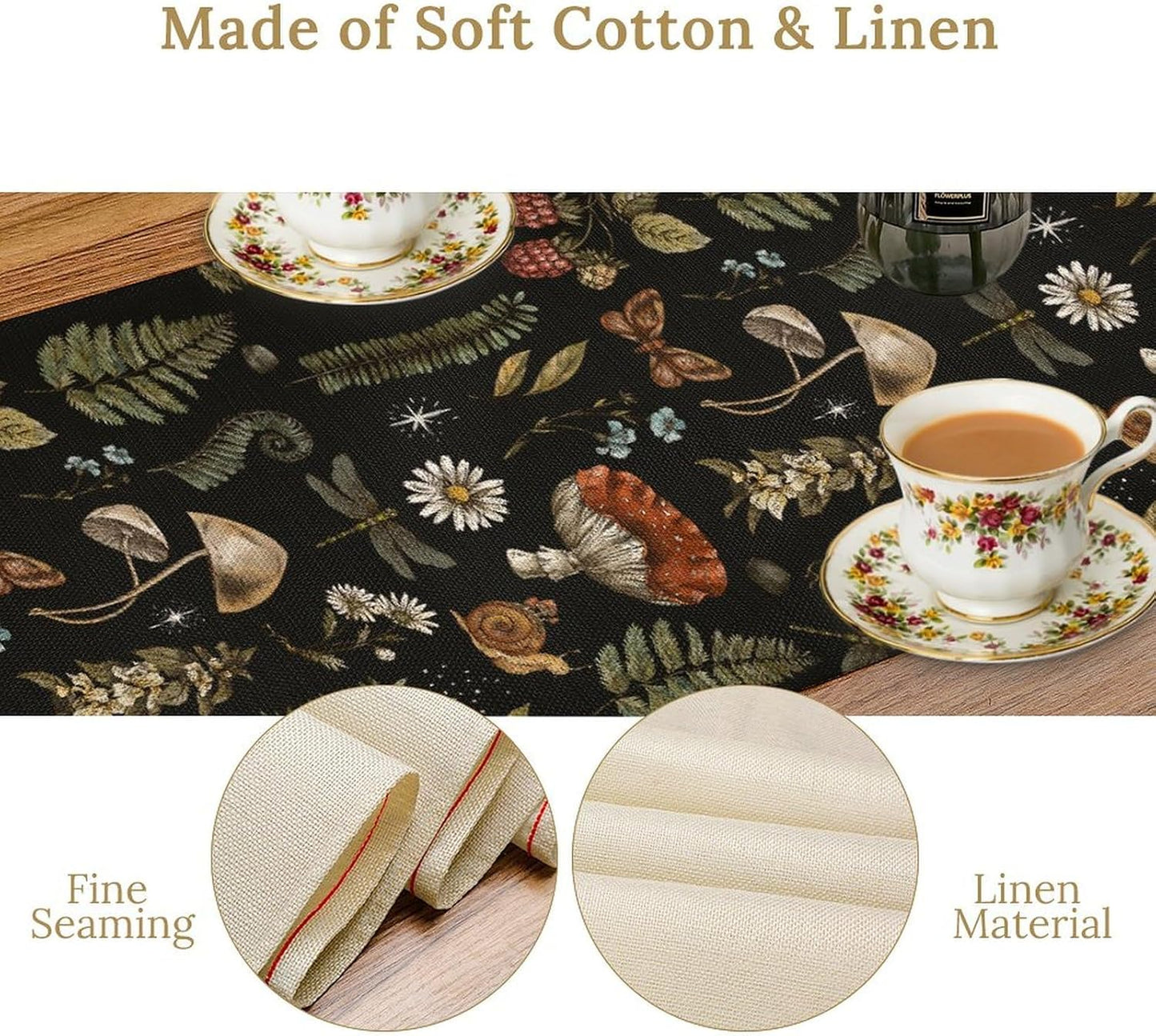 Mushroom Table Runner,Retro Forest Plant Table Runner for Kitchen Dining Table Home Party Decoration 13x36 Inch