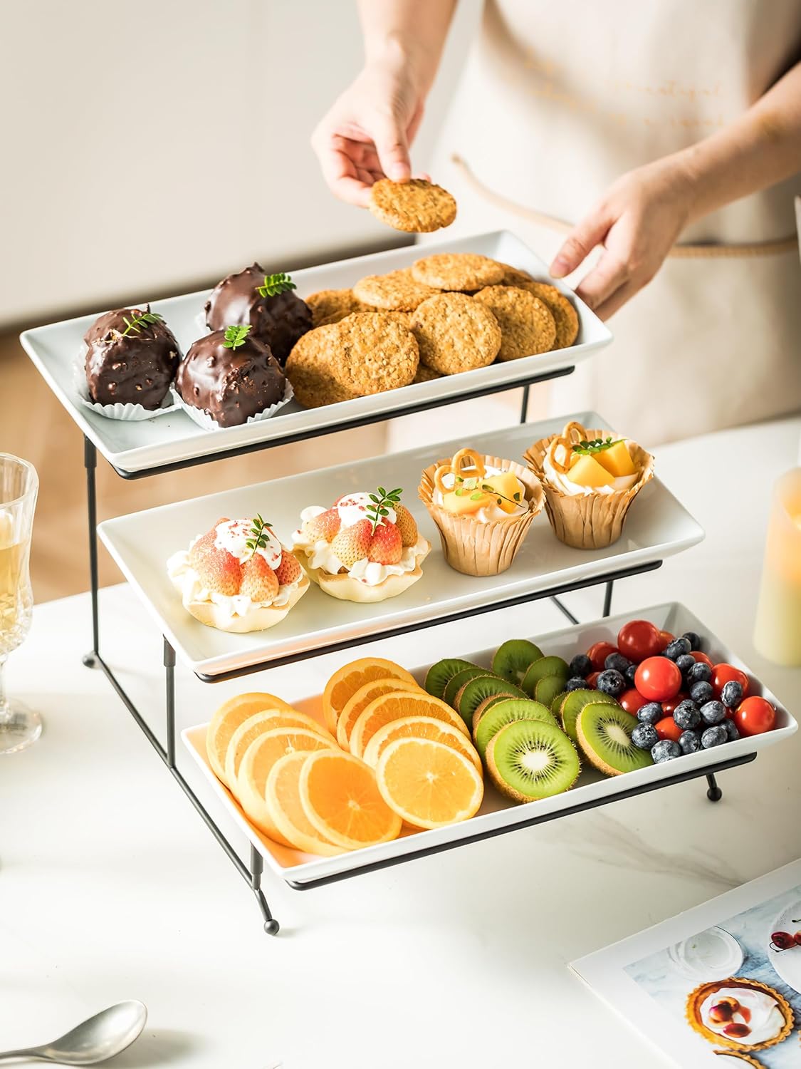 YHOSSEUN 3 Tier Serving Stand Tiered Tray Stand with 3 Porcelain Serving Platters Trays for Dessert Server Display Collapsible Sturdier Metal Rack 14 inch