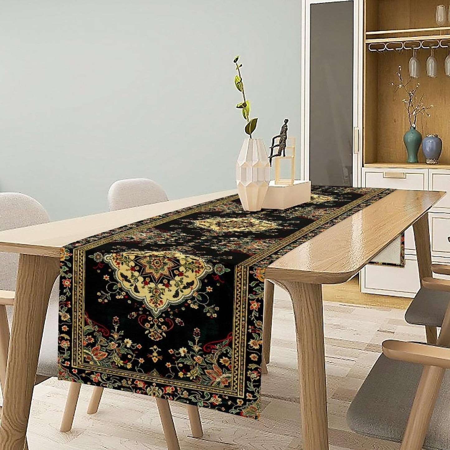 Colorful Boho Flower Table Runner, Vintage Rustic Farmhouse Paisley Hand Drawing Print Pattern for Home Kitchen Table Decor Dining Coffee Room Garden Party Decor 13x36in