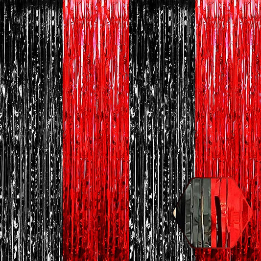 3 Pack Black Red Foil Fringe Curtain Backdrop, 3.28Ft x 8.2Ft Metallic Tinsel Foil Fringe Streamer Curtains for Photo Booth, Christmas Day, New Year, Wedding Party Decorations
